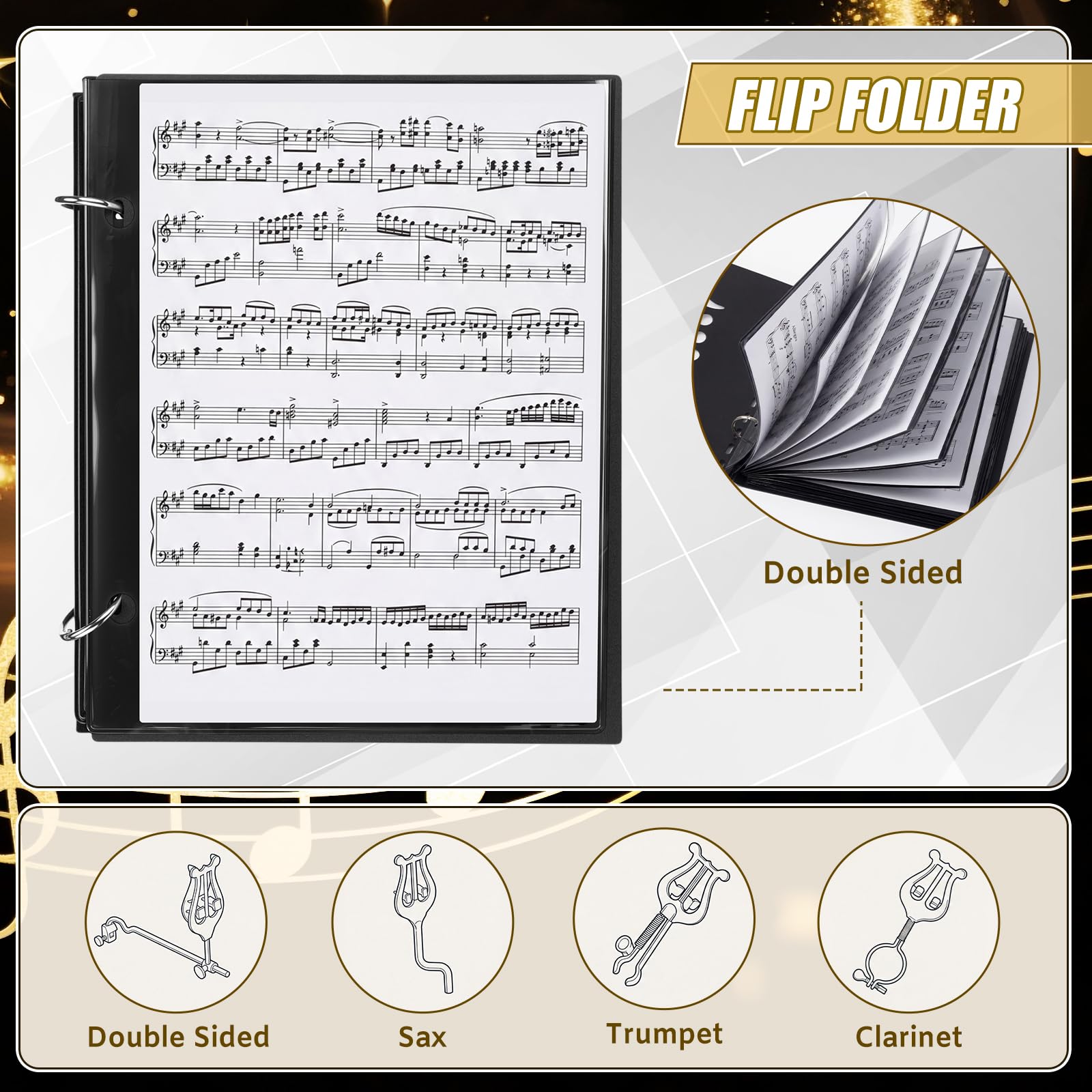 Otoolling 2 Pack Trombone Lyre Sheet Music Clip and Flip Folder with 10 windows and 2 holes Parade Band Sheet Music Stand 7.5 x 6 inches for Parades Practice and Performances