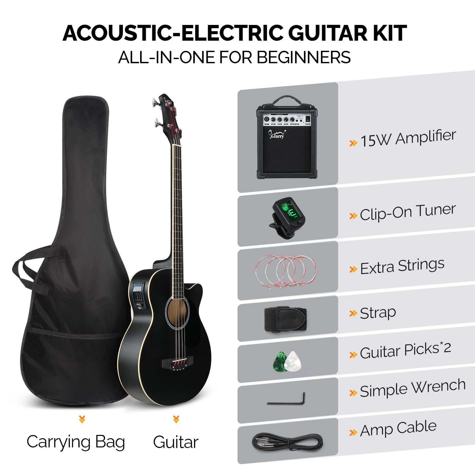 GLARRY Full Size Acoustic Electric Bass Guitar Beginner Kit w/ 15W Amp, Cutaway 4 Strings Electric Acoustic Bass Guitar w/Inbuilt Tuner, Bag, Strap, Picks, Strings, Bass Guitarra,Matte Black