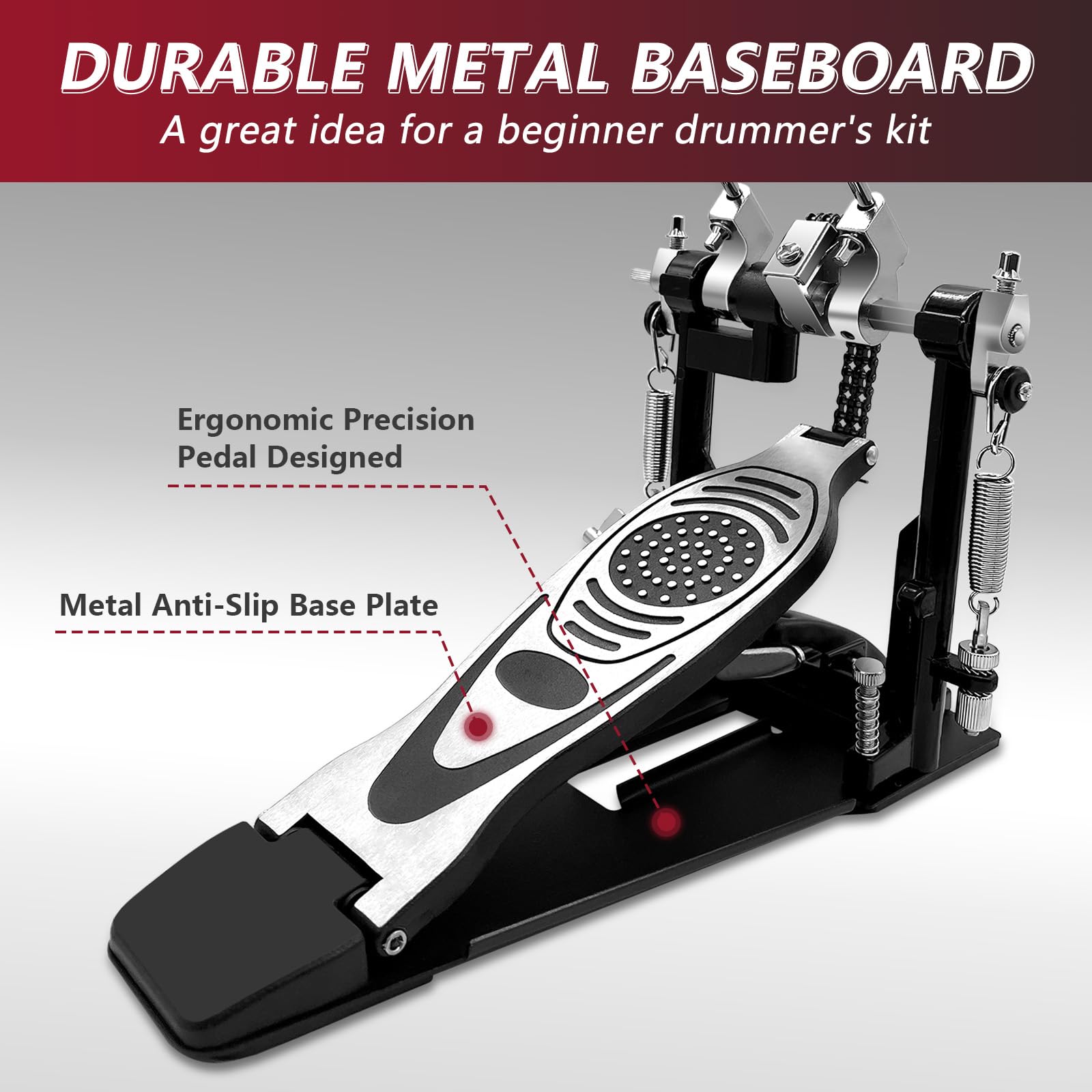 Double Bass Drum Pedal, Double Chain Drive Kick Pedal with Adjustable Beater