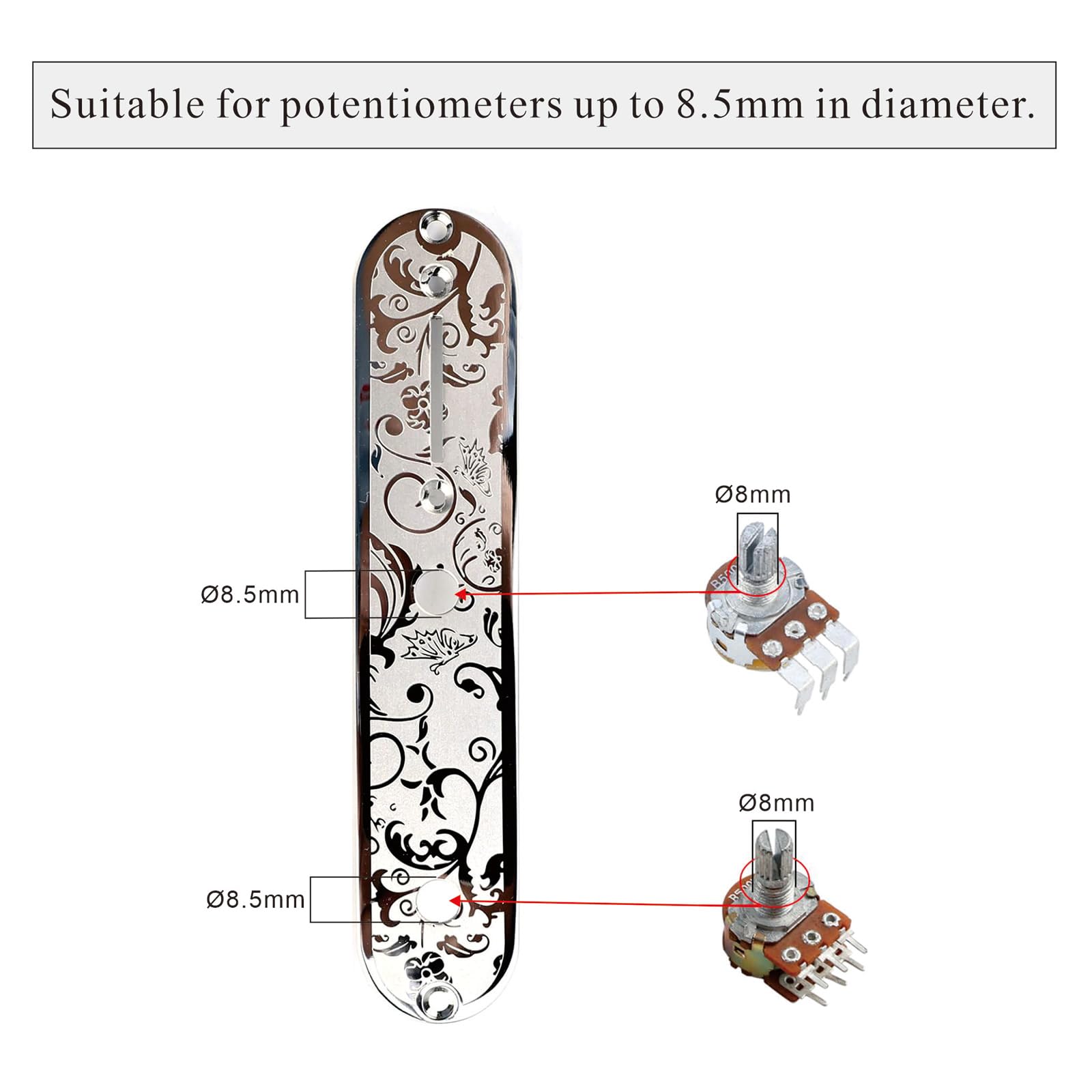 OVSAL Stainless Steel Engraved Electric Guitar Control Plate 2-Hole Mount 8.5mm (21/64″) Control Panel Compatible with Most Telecaster Tele Style Guitar Replacement Parts(Chrome)