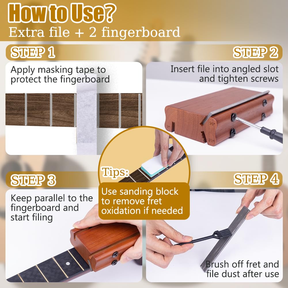 3/23/35 Degree Walnut Fret End Beveling File – 3-in-1 Guitar Fret Dressing, Crowning & Beveling Tool – Luthier Kit with Fret File, File Strips, Fret Guard Set & More for Guitar, Bass, Ukulele & Banjo