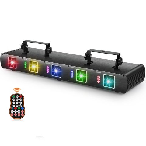 U`King Stage Laser Light, 5 Beam Sound Activated DJ Party Lights RGBYC LED Music Projector with Remote Control DMX for Dancing Birthday Bar Pub Stage
