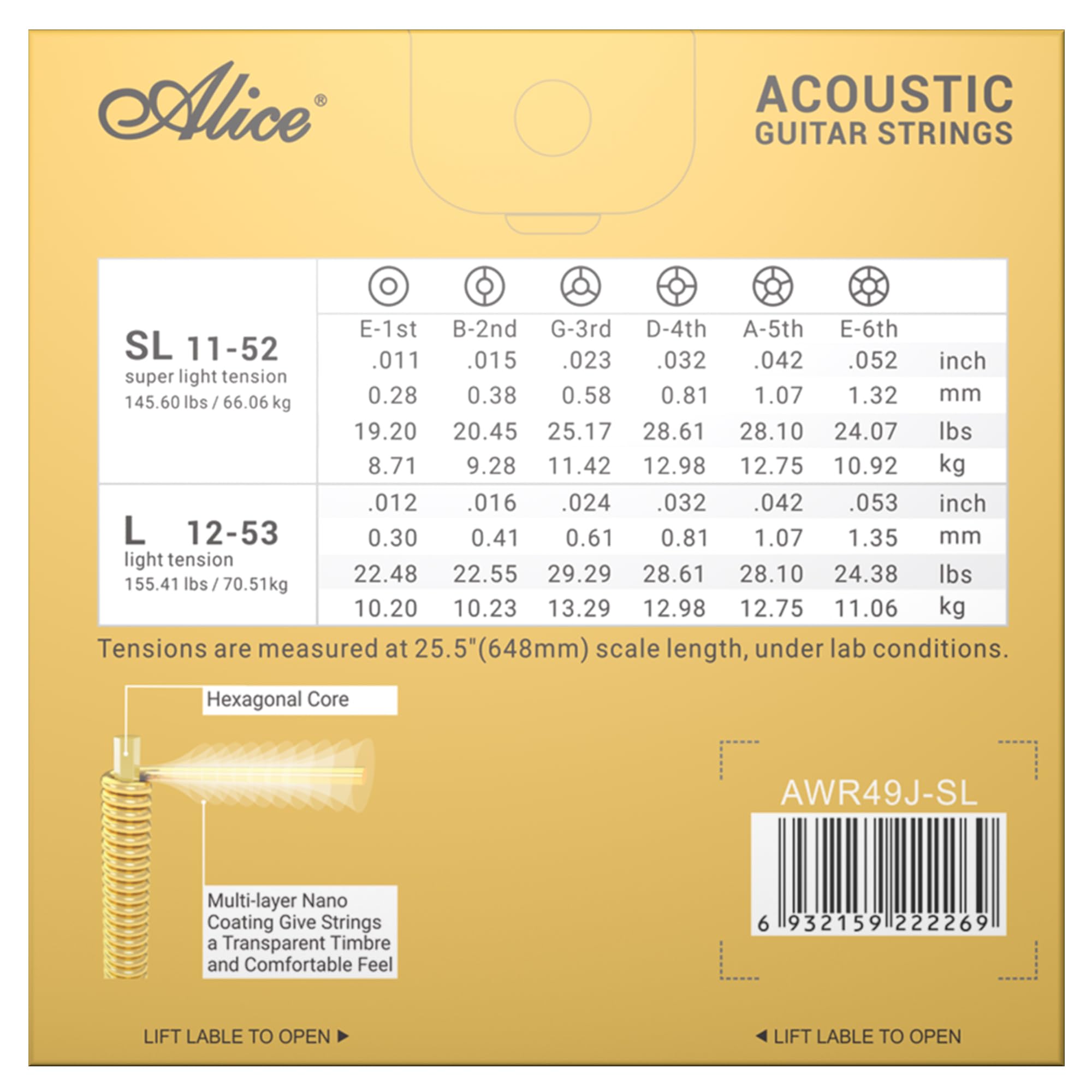 Alice Acoustic Guitar Strings 6 String Set | Designed for Professional Concerts | Multi-layer nano-coating | Fully Coated Golden | Phosphor bronze for Classic Warm and Bright tone | Super Light 1 Pack