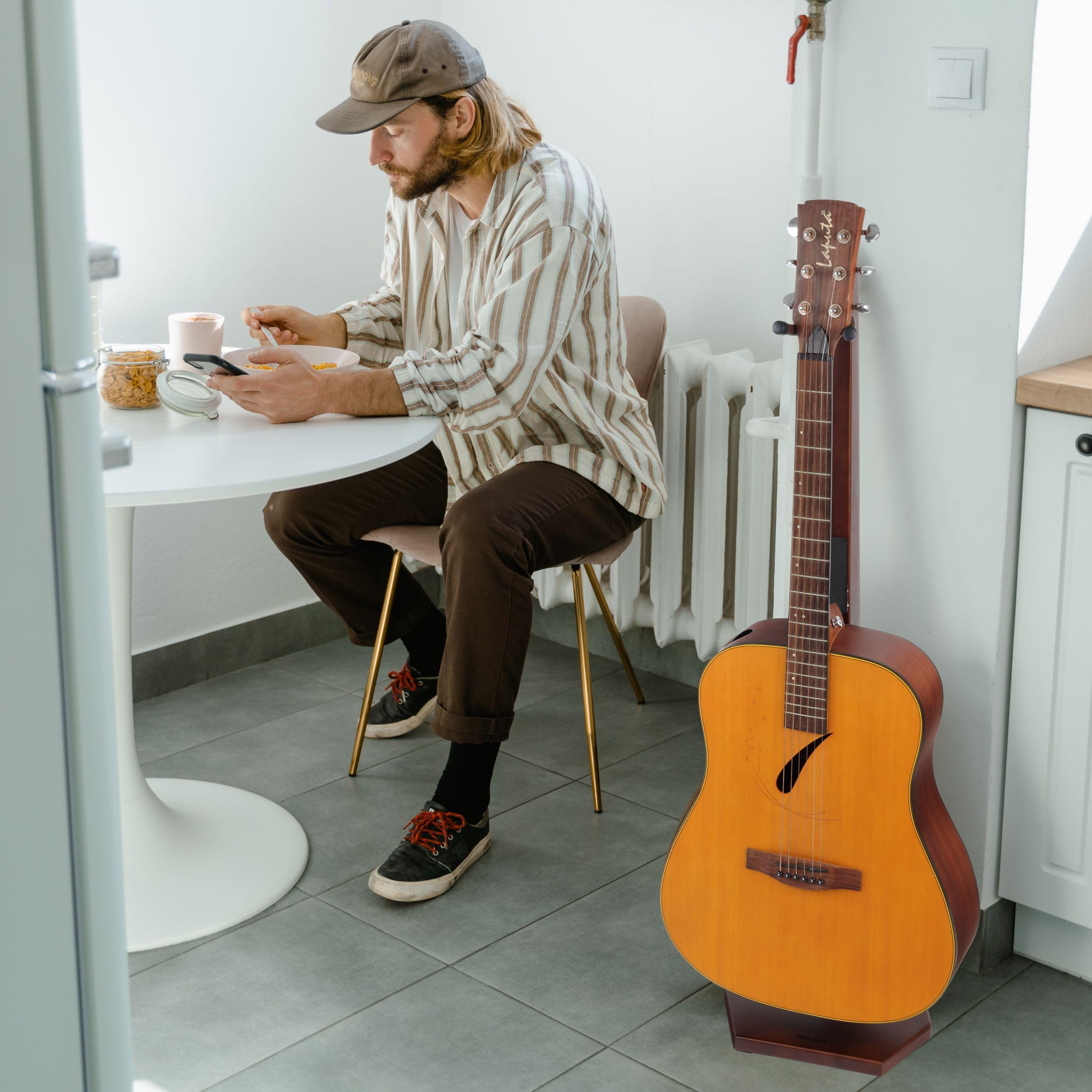 Nefelibata Wooden Guitar Stand – Handmade German Ash Solid Semi-curved Design Wood Stand Floor, Best for Acoustic guitars, Classical guitars, Banjos, Mandolins(Brown)