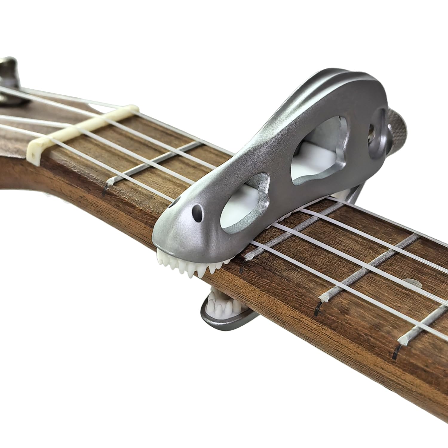 Prehistoric T-Rex Guitar Capo – Dinosaur Skull Design with Silicone Teeth, Zinc Alloy Adjustable Clamp for Acoustic/Electric Guitar, Bass, Ukulele & Banjo (Silver)