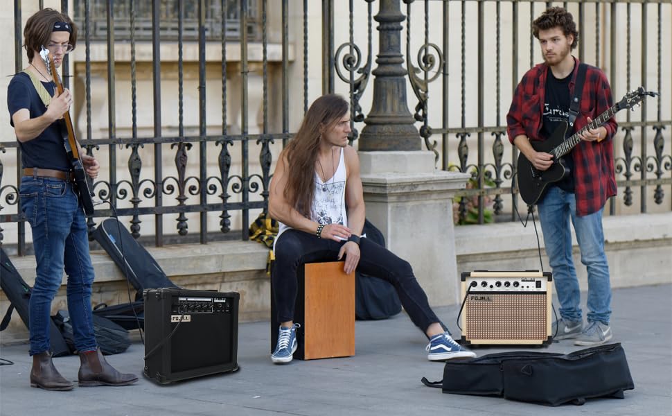 Fojill 20W Watt Electric Guitar Amplifier Amp Practice Small Portable Travel Mini Amp with 3.5 Headphone Jack Aux Distortion Gain Treble Bass Volume (Cream, 20W)