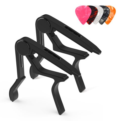 Capo, Guitar Capo with Pick Holder and 5 Picks, Guitar Clamp, Guitar Kapo, Capo for Acoustic & Electric Guitar, Ukulele, Banjo, Mandolin (Black & Black)