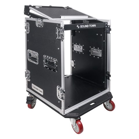 Sound Town Heavy-Duty 1/2″ (12mm) 14U PA DJ Rack/Road Case with 11U Slant Mixer Top, 20’’ Rackable Depth and Casters, 14-Space ATA Case, Pro Tour Grade (STMR-14UW)