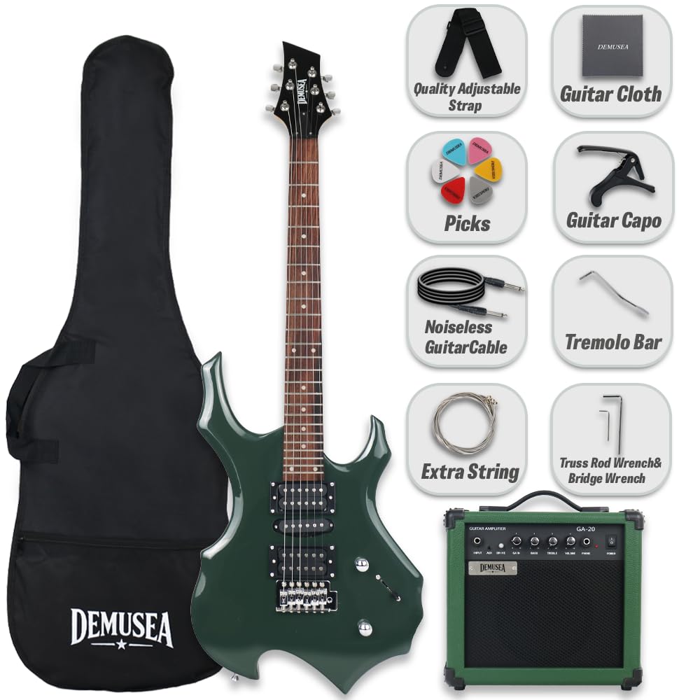 Dark Green Unique Shape Electric Guitar With 20W Amplifier Kit HSH Pickup Single Tremolo Maple Neck Phoenix Boody All In One Practice Beginner Starter (FIRE, Dark Green)