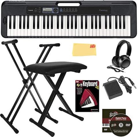 Casio CT-S300 61-Key Keyboard Bundle with Adjustable Stand, Bench, Headphones, Sustain Pedal, Instructional Book, Instructional DVD, and Austin Bazaar Polishing Cloth