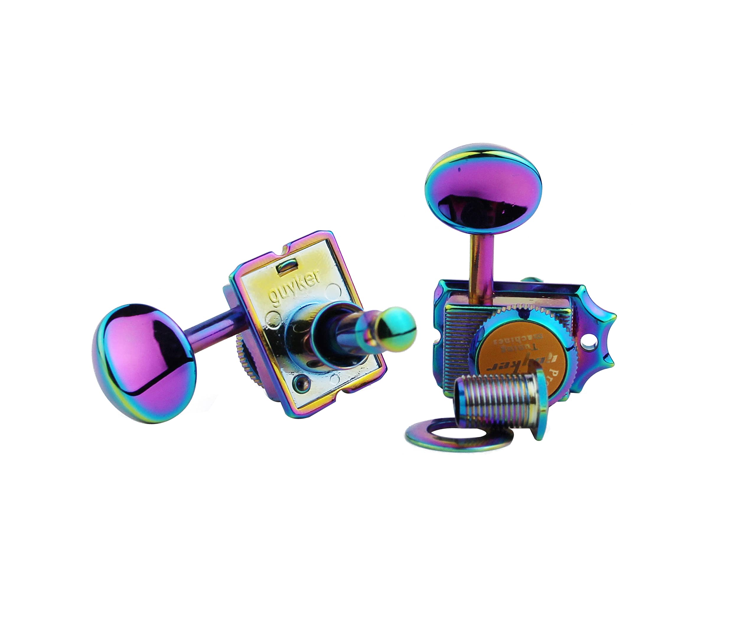 Guyker 6-in-line Vintage Guitar Lock String Tuners – Locking Tuning Key Pegs Machine Heads Replacement Parts for ST TL Style Electric Guitars Gear Ratio 1:15 – Chameleon Rainbow