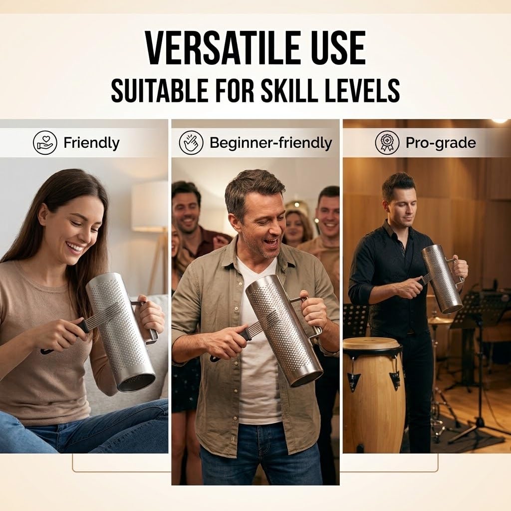 DOMG 8×3 Inch Stainless Steel Guiro Instrument with Scraper, Professional Metal Guira Dominicana Percussion Shaker for Merengue, Salsa, Bachata