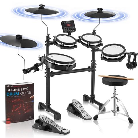 AKLOT B-CORE530 Electric Drum Set: Dual-Zone Quiet Mesh Drum Pads, 10’’ Dual-Trigger Cymbals, Height-Adjustable Rack, 360 Sounds, USB MIDI, Lesson Book, Throne, Sticks, Headphones
