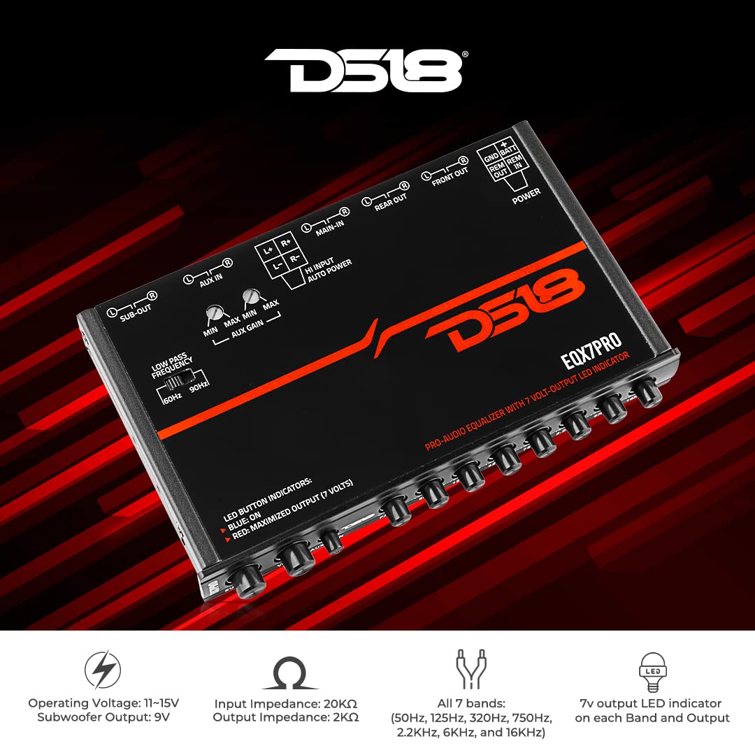 DS18 EQX7PRO High Volt 7-Band Equalizer with High Level Input, Auto Turn On, and High Volt LED Indicator