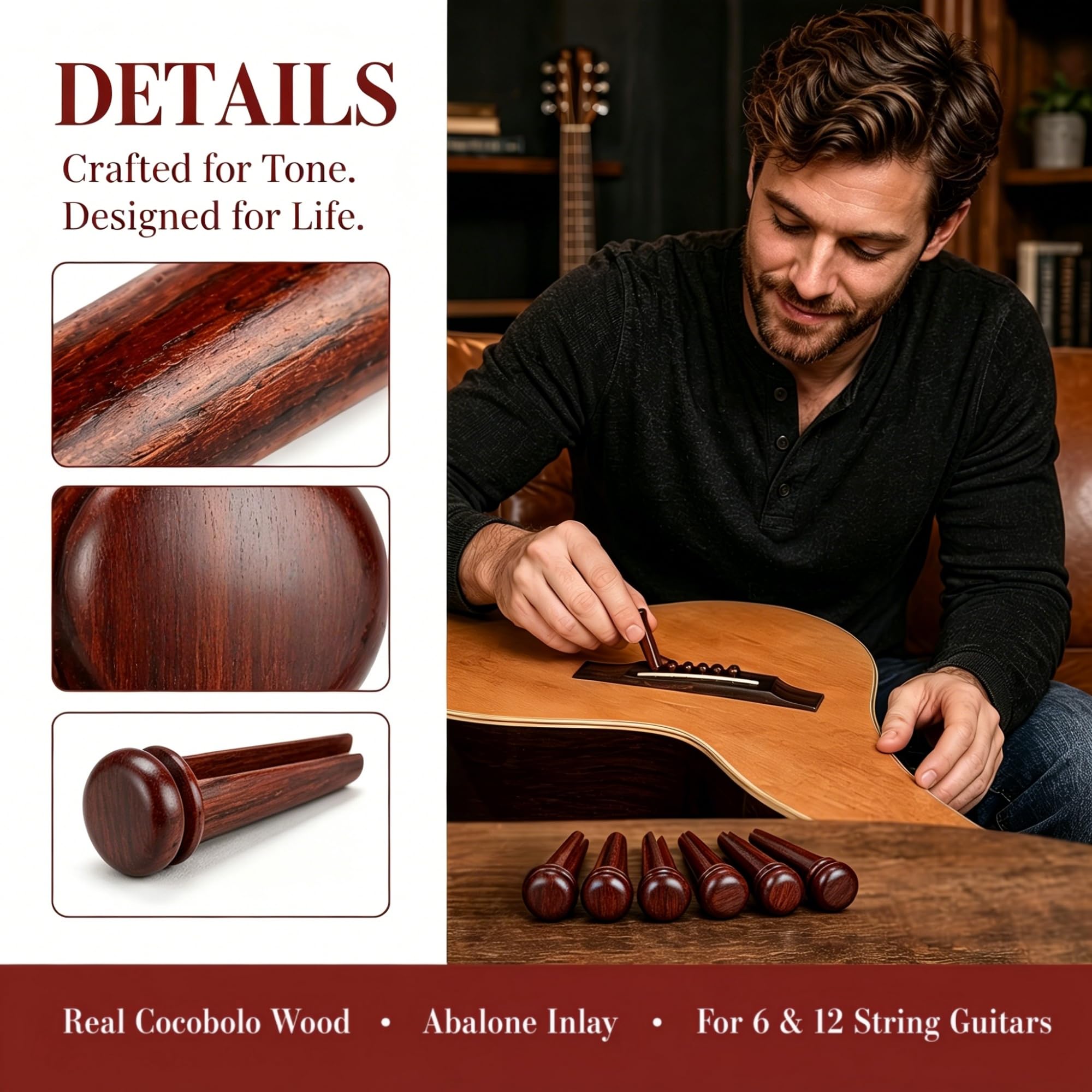 Miwayer Cocobolo Wood Guitar Bridge Pins Replacement Parts Brown for 6 & 12 String Acoustic Guitar (Pure Cocopolo Wood)