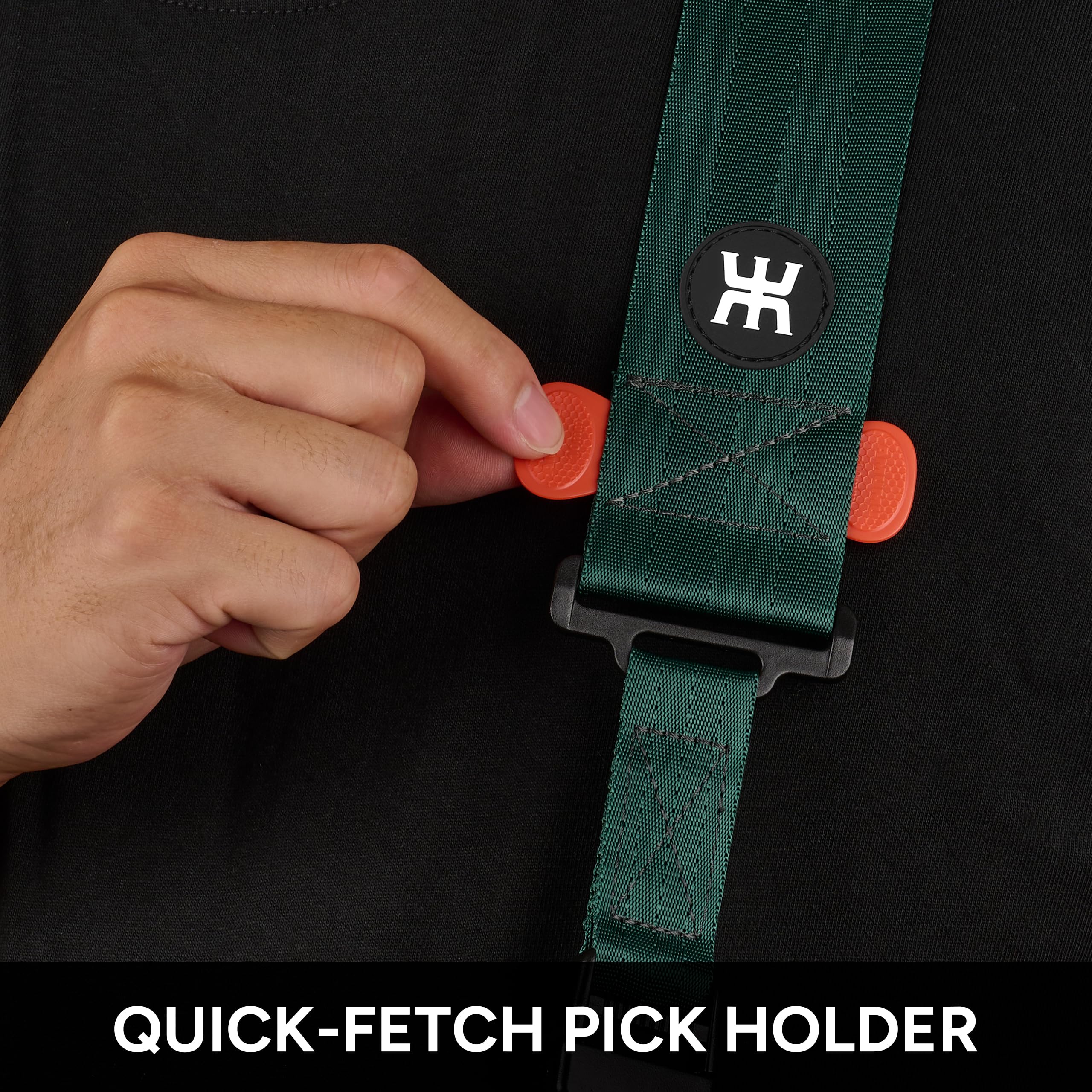 Amumu SNAPLOCK Pro Guitar Strap – Quick-Release Buckle, Screw Fasten Ends, Quick-Fetch Pick Holder, Adjustable 38″-57″, Fits Bass, Electric Guitars, Gift for Guitarists, Emerald Green