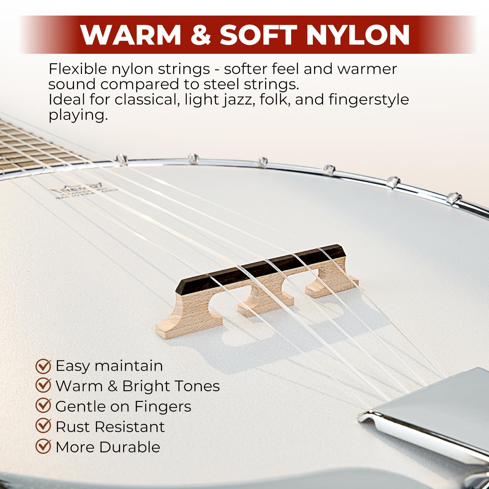 Vangoa NYLON Banjo 5 String Kit, 38 Inch Full Size Banjo with Nylon Strings with Gig Bag, Premium Accessories Outfit, Starter Kit for Beginners Adults Teens, Brown