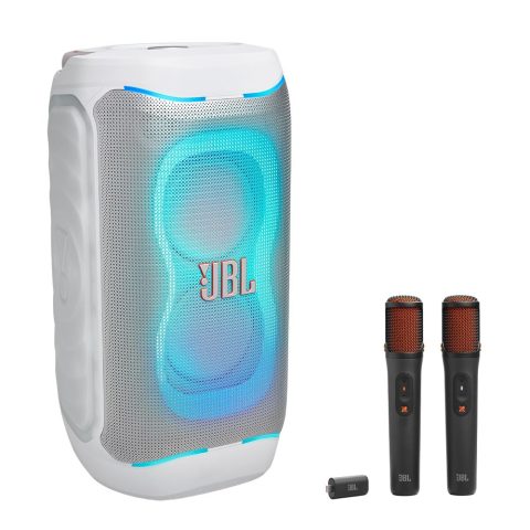 JBL PartyBox 130 Portable Party Speaker Bundle with EasySing Wireless Microphones (White)