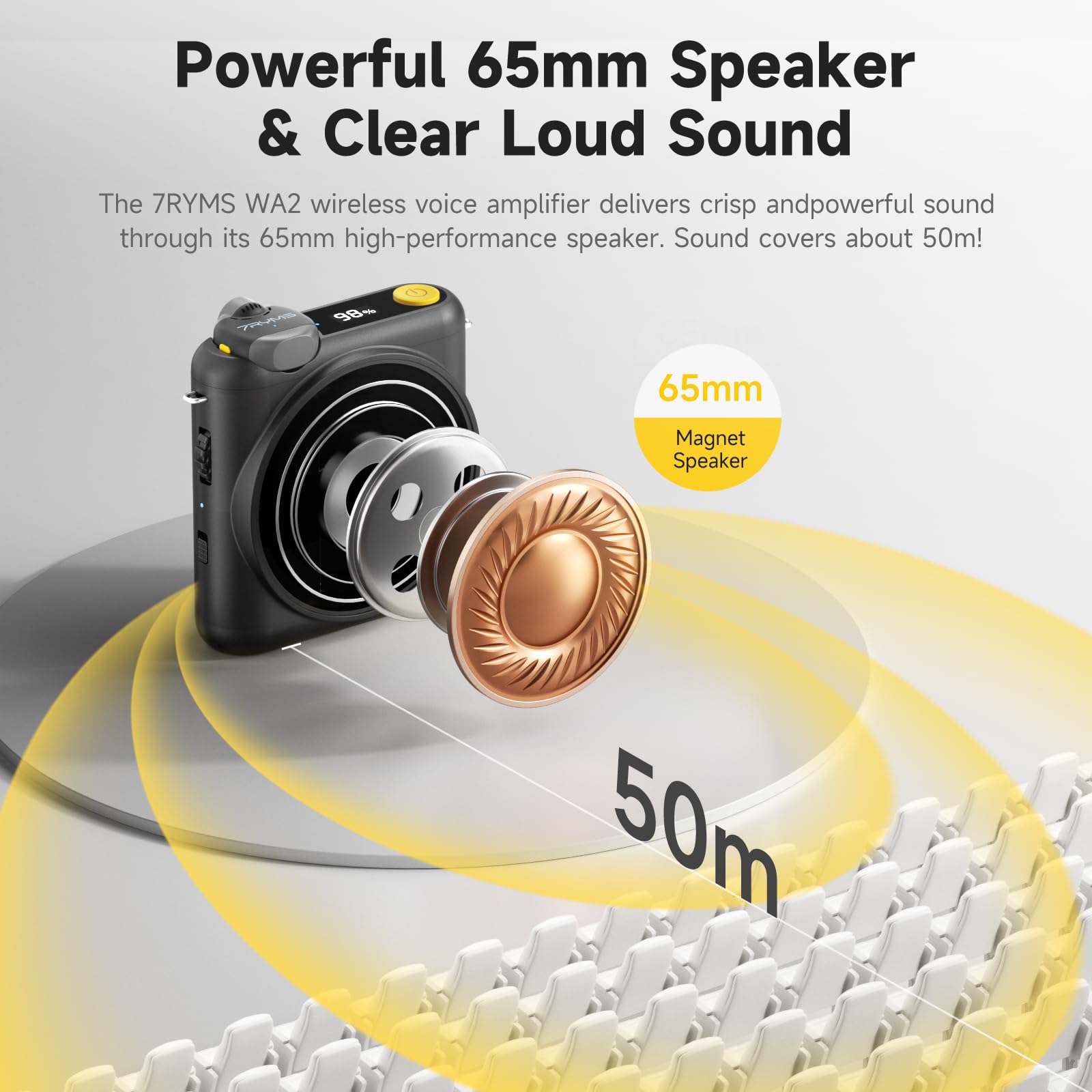 7RYMS WA2 Wireless Voice Amplifier for Teachers with Magnetic Lavalier Mic, Wireless Portable Amplifier with Noise Canceling, Mini Voice Amplifier for Classroom, Meeting, Training, Speech (Black)