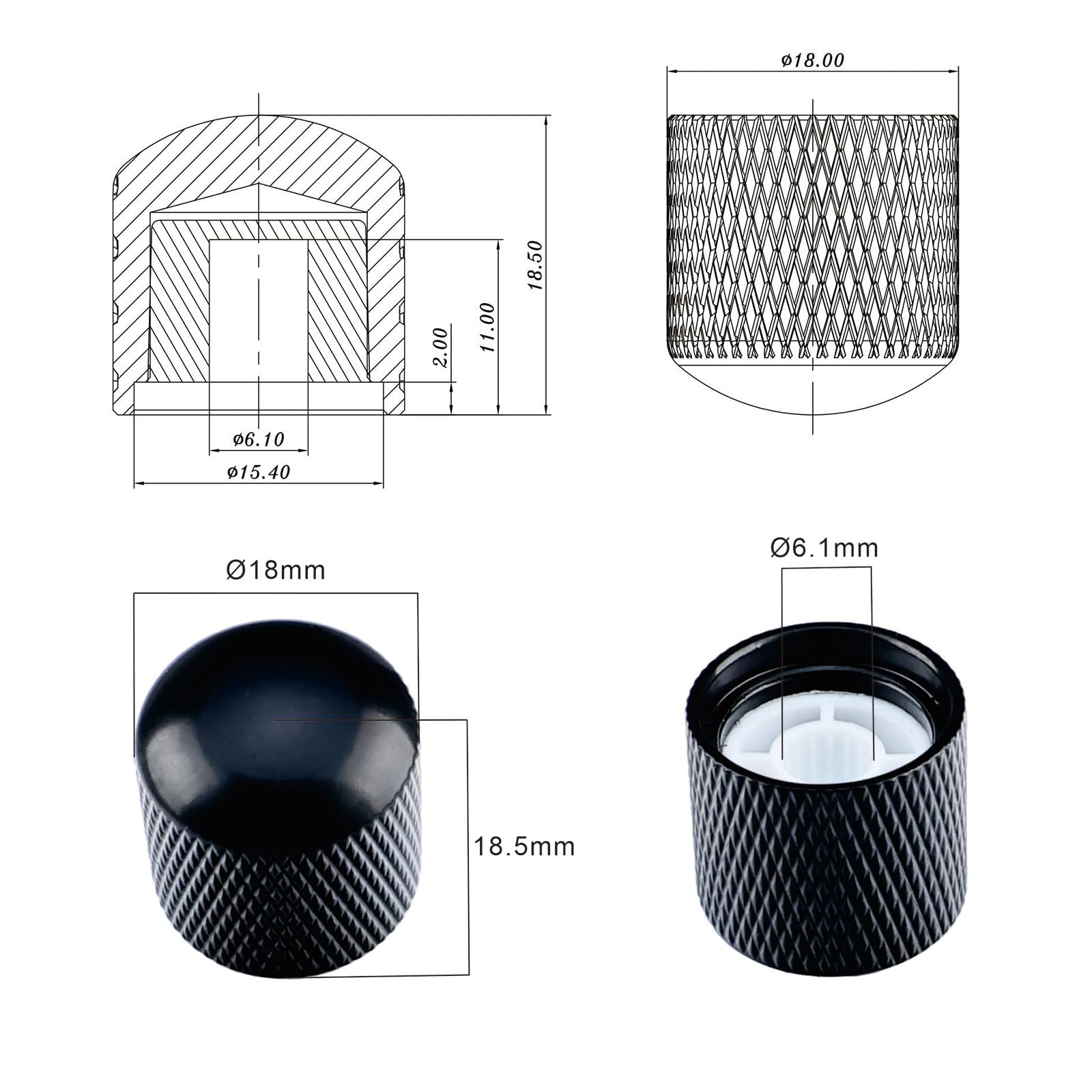 OVSAL 4Pcs Steel Bass Guitar Knobs 15/64″(6.1mm) Hole Dome Metal Guitar Volume Knobs Fit for Strat Fender Telecaster Jazz St Les Paul Replacement Parts (Electroplating Black)