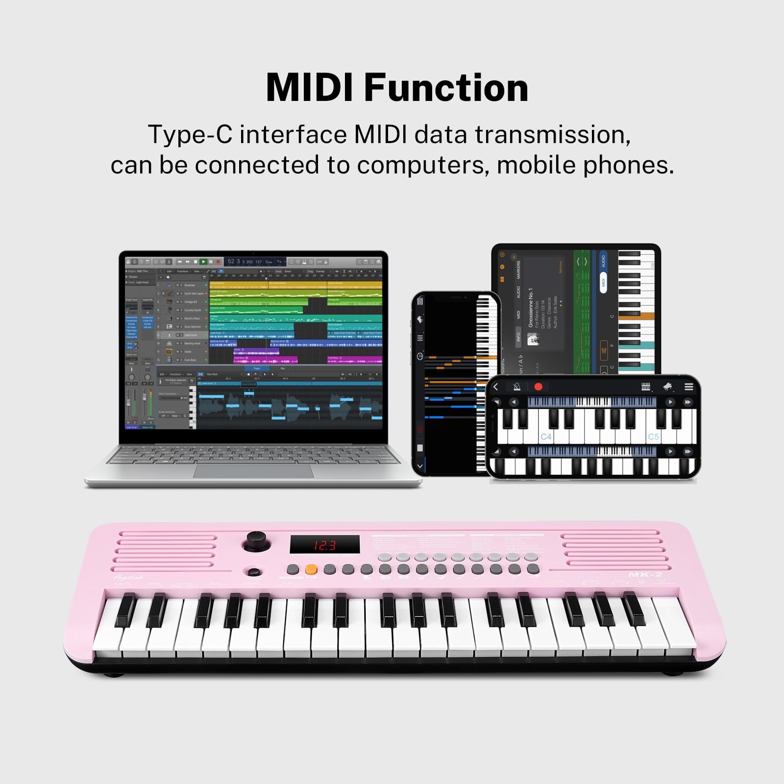 POGOLAB MK-2 37 Keys Kids Keyboard Piano, Portable Small Keyboard with 40 Songs, 200 Sounds, with MIDI Function, LED Display & Dual Speakers, Compact Mini Music Piano for Kids/Beginners (Pink)