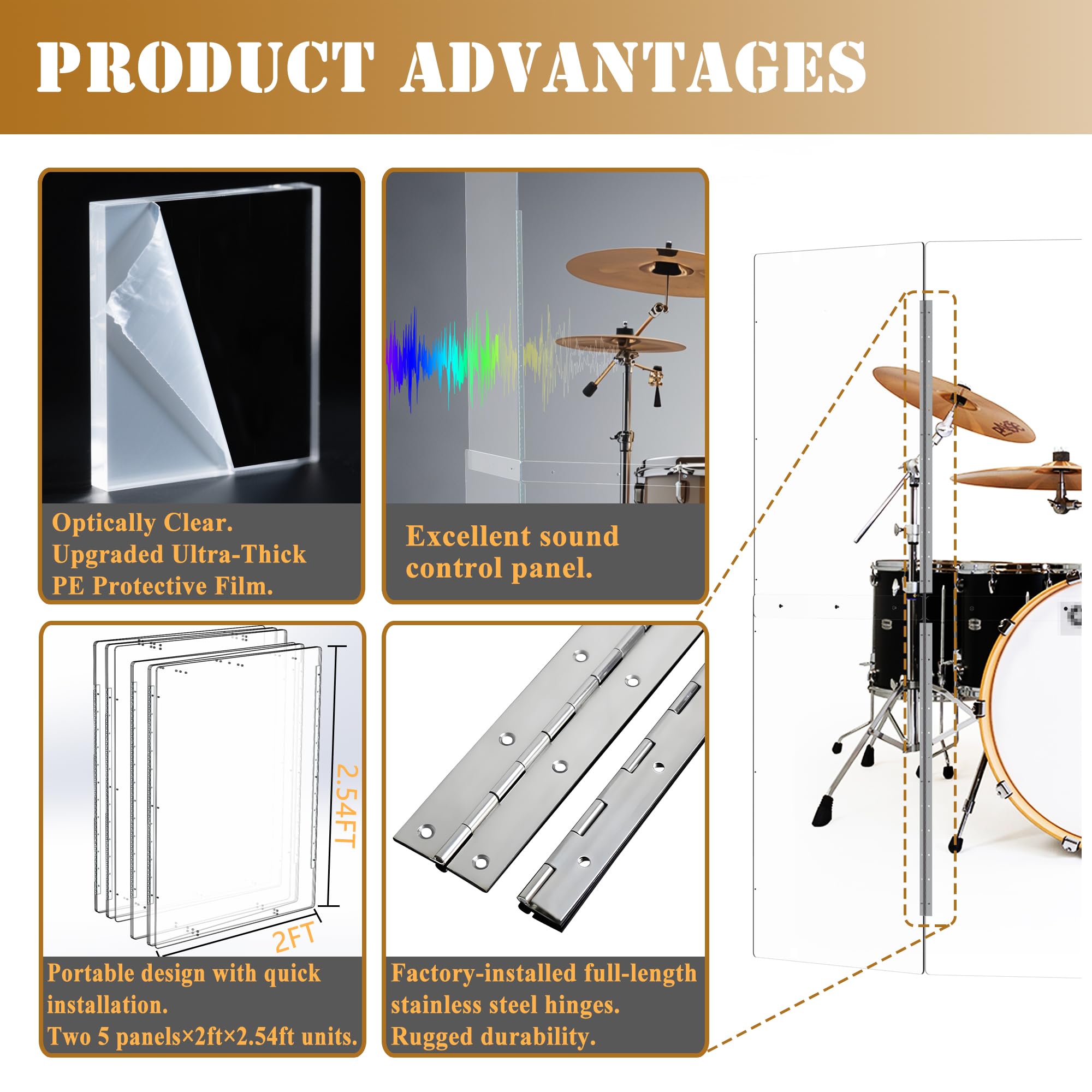Portable Drum Shield | 3 Panels 2ft x 5ft | Factory-Installed Full-Length Stainless Steel Hinges | Acrylic Drum Sound Barrier | Cage for Church (3 Panels)