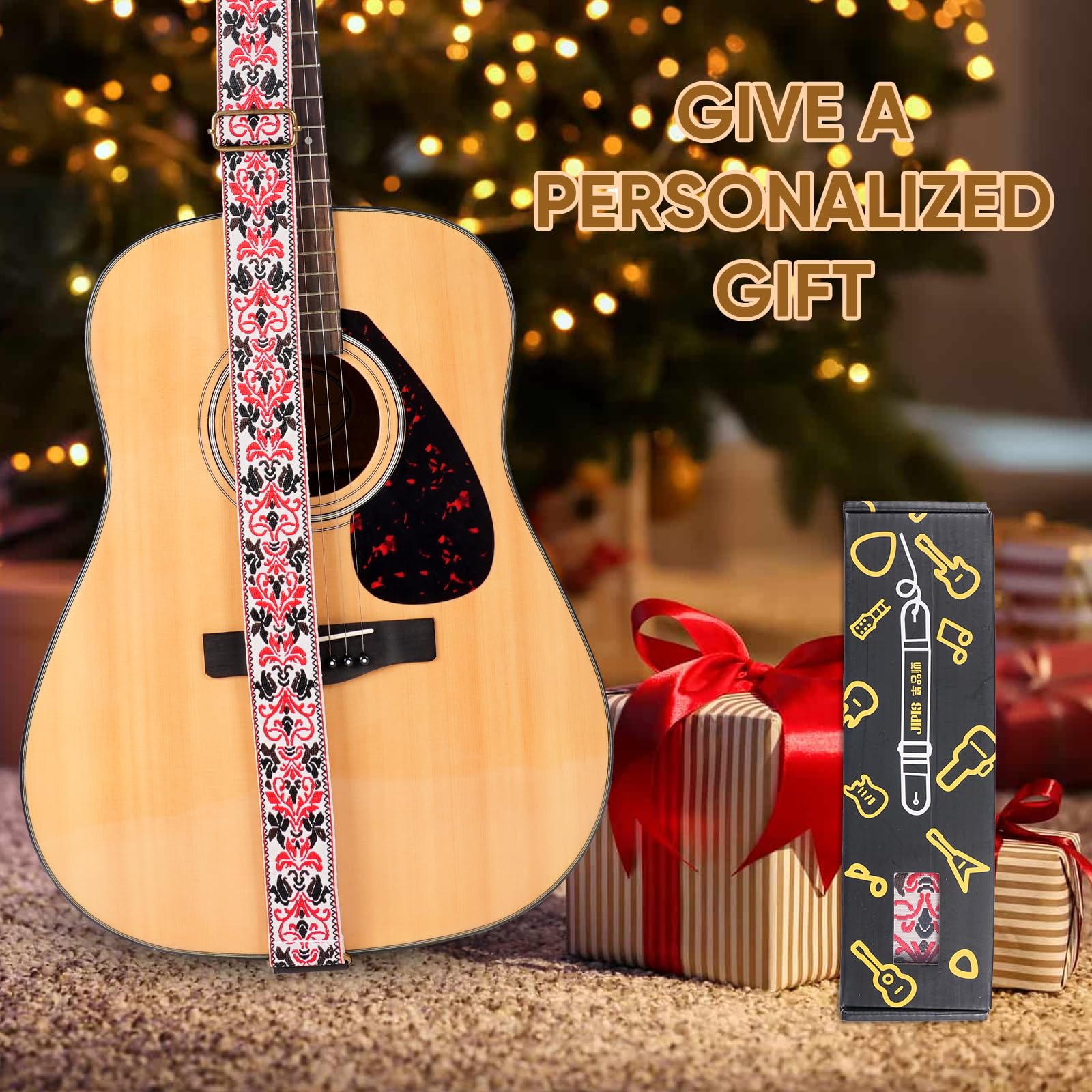 Guitar Strap,Jacquard Cotton Guitar Straps with Real Leather Ends for Acoustic,Electric Guitars and Bass,with Free 1 Head strap, 2 Anti Slip Buckle and 3 Guitar Picks (GS-75-5 Meter red jacquard)