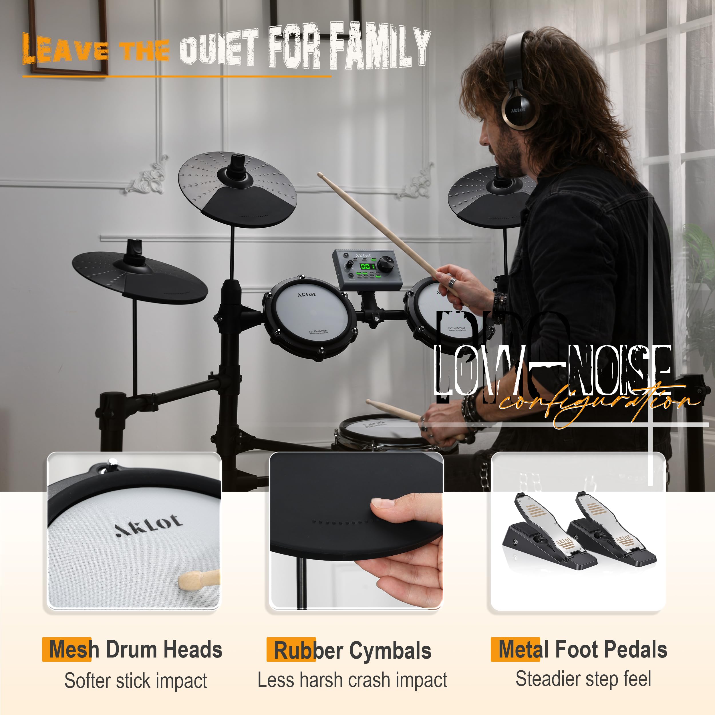 AKLOT Complete Electric Drum Set: 4 Dual-Zone Mesh Pads, Quiet Electronic Drum Set for Beginner with 8” Snare, 360 Sounds, Choke Cymbals, Throne, Headphone, Stick and Lesson Book, B-CORE530Pro, White
