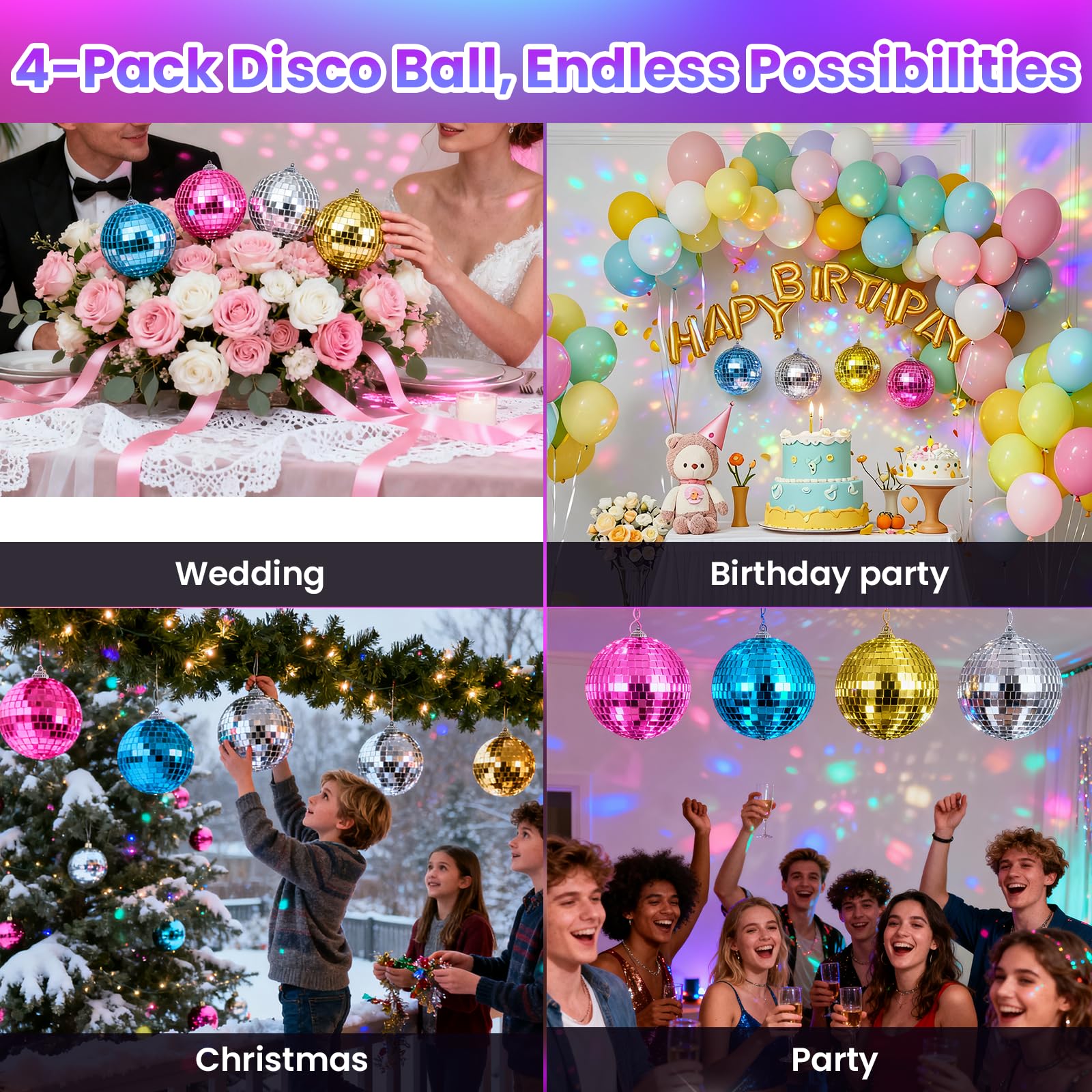 Youdepot Disco Ball 4-Pack 4″ Hanging Christmas Decor