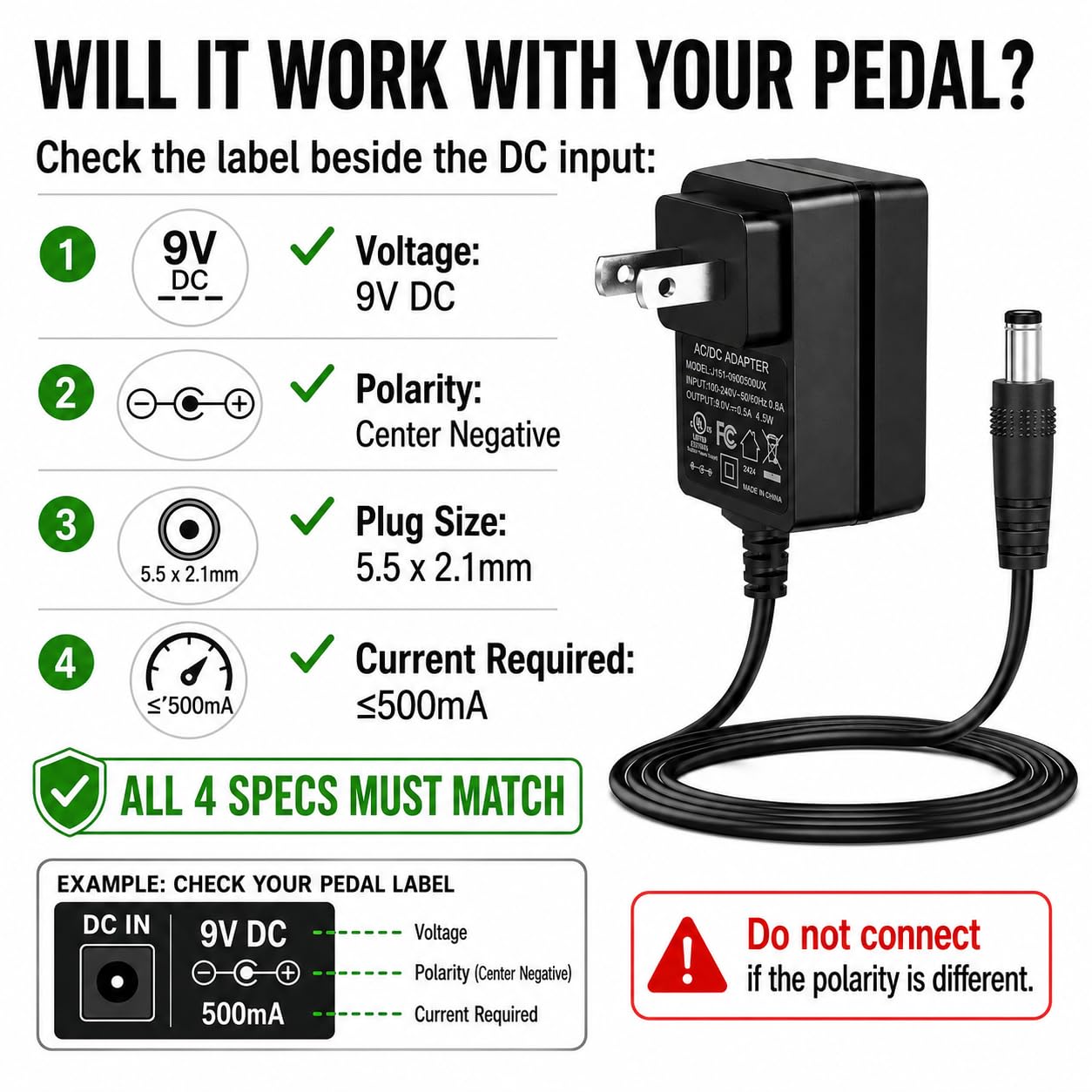 AITONE 9V DC Guitar Pedal Power Supply, 500mA, Tip Negative, 5.5×2.1mm