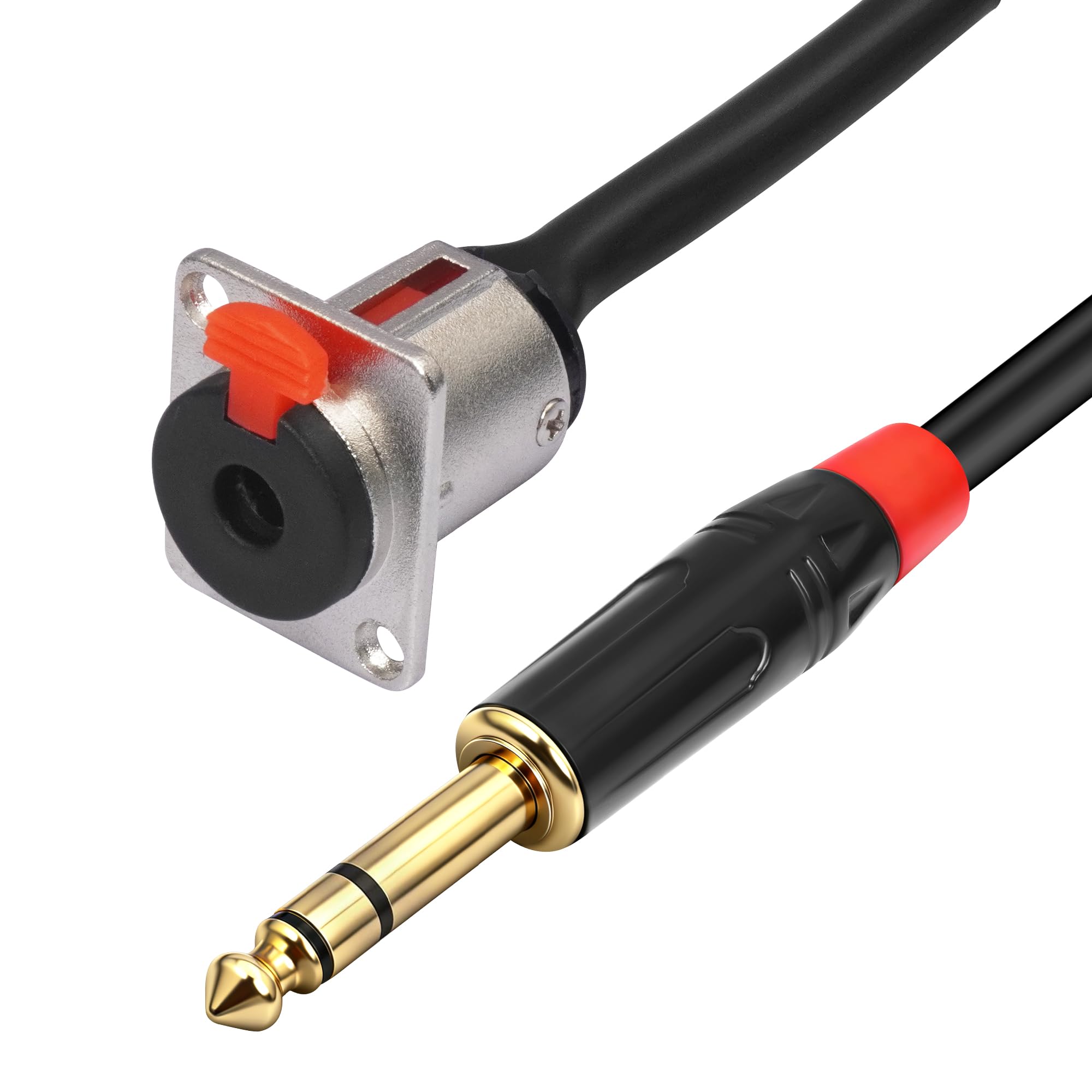 Voluty Tek 1/4″ 6.35MM Female D-Type Panel Mount to 6.35MM Male Stereo Jack Cable TRS Female Solderless Wall Plate to 1/4 Male Cable 60CM 2FT