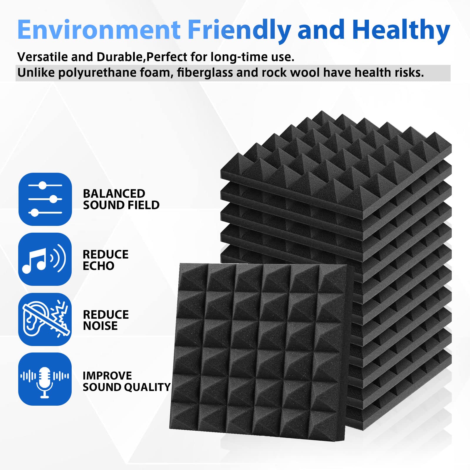 FONESO Acoustic Panels, High Density Soundproof Foam Panels for Walls, Sound Absorbing Panels, Acoustic Foam Panels Fire Resistant for Studio Recording (Black, 2″x12″x12″ 48Pack)