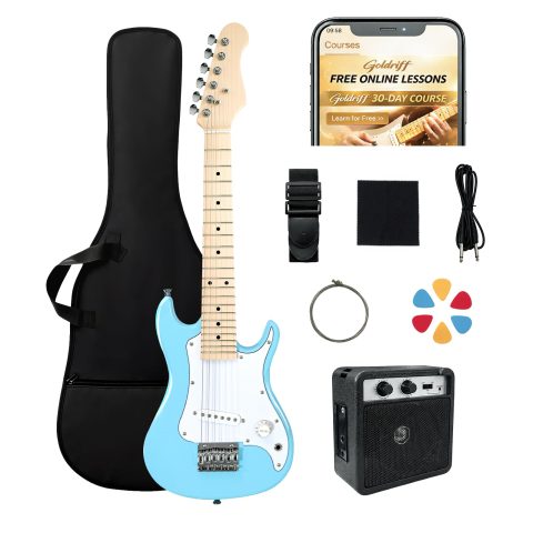 GOLDRIFF 30in Kids Electric Guitar Starter Kit for Beginners, Mini Electric Guitar with 5W Amp, Gig Bag, Strap, Extra Strings, Cable, 6 Picks, Clean Cloth and Free Online Lessons (Blue)