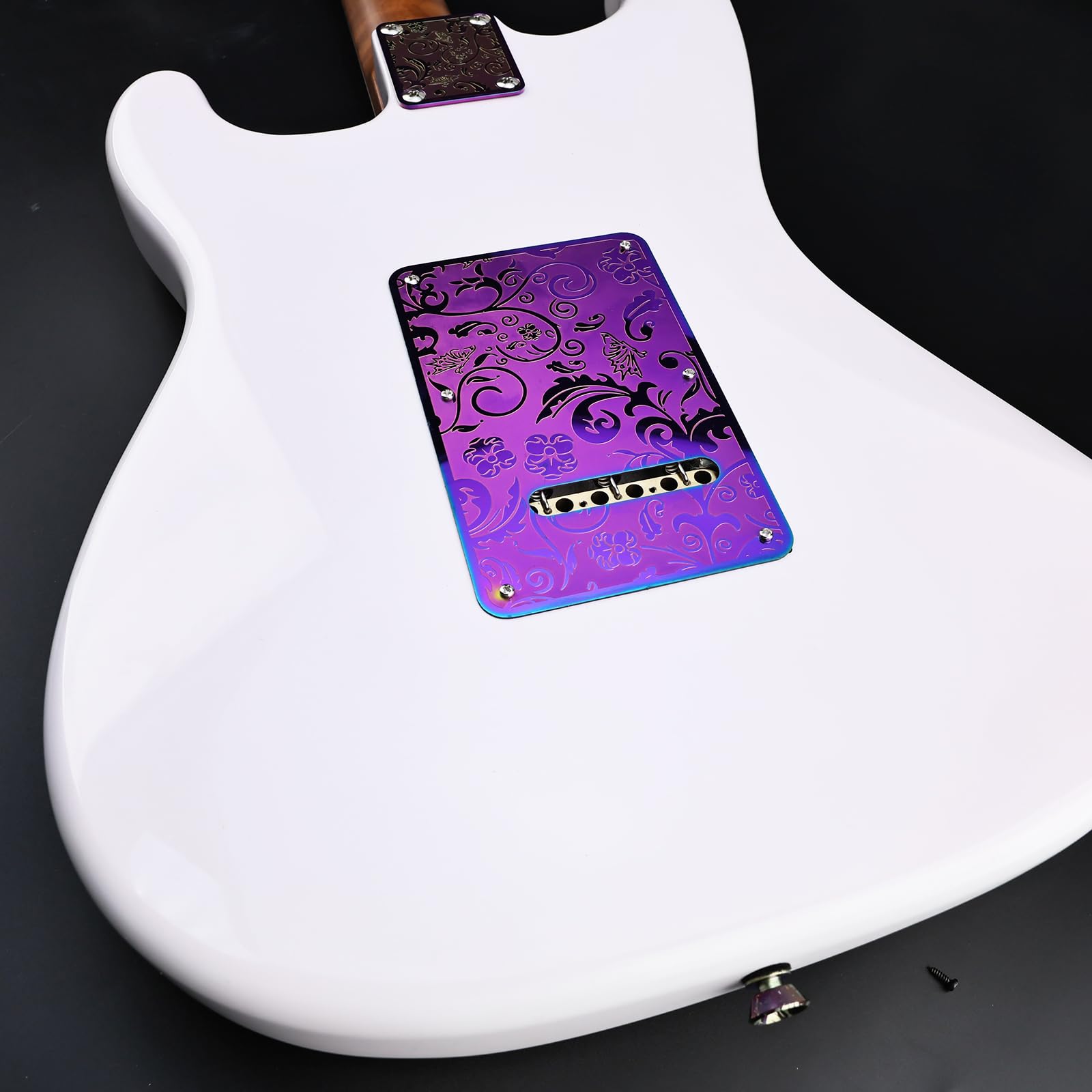 OVSAL Stainless Steel Guitar Back Plate 6 holes Engraved Metal Trem Tremolo Cover Electric Guitar Back Cover Plate Compatible with USA/Mexican Standard FD Strat ST Replacement Parts (Purple)