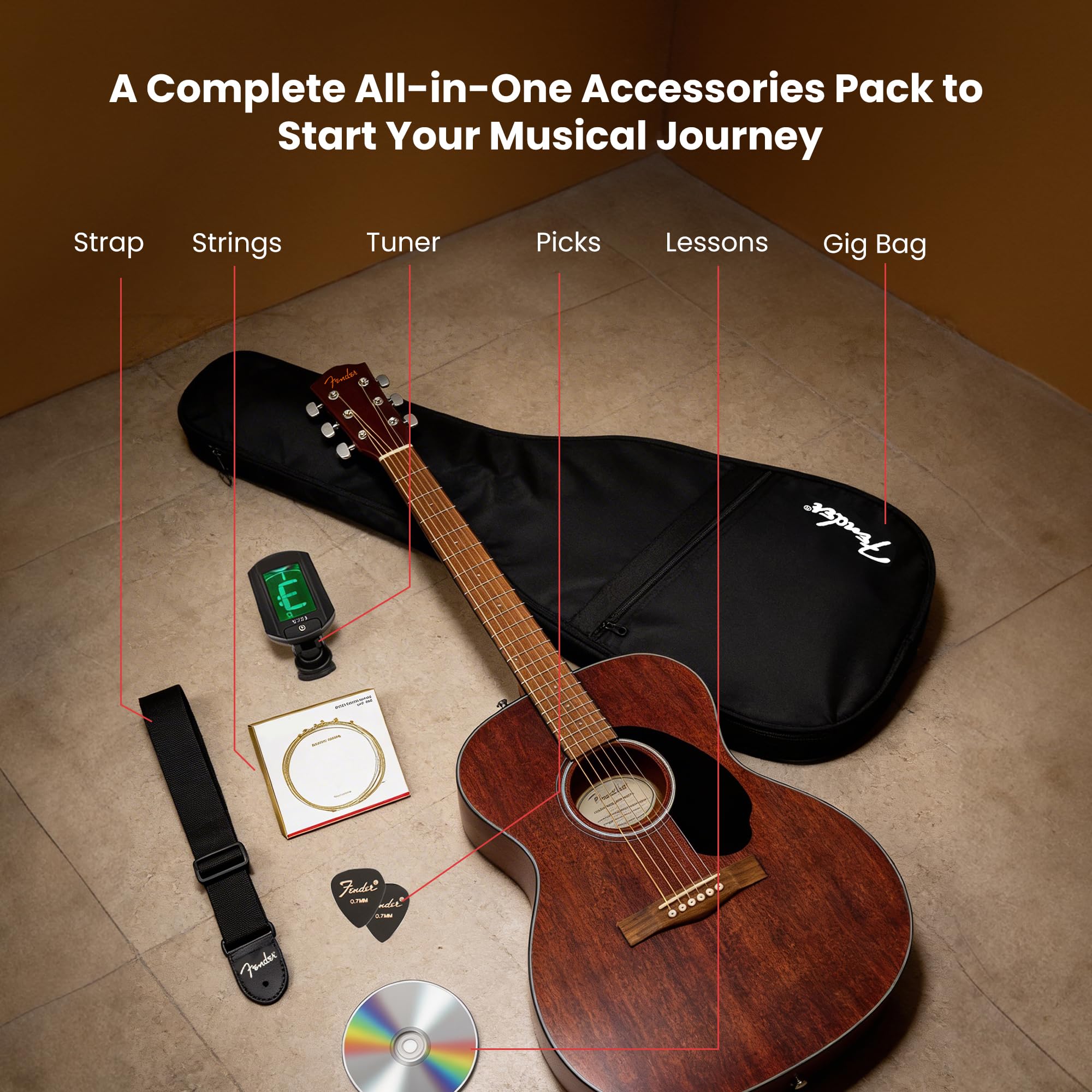Fender CC-60S Solid Top Concert Acoustic Guitar – All Mahogany Bundle with Gig Bag, Tuner, Strap, Strings, Picks, and Austin Bazaar Instructional DVD