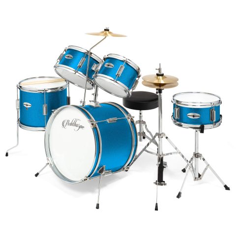Ashthorpe 5-Piece Complete Kids Drum Set with Genuine Brass Cymbals – Junior Beginner Kit with 16″ Bass, Throne, Hi-Hats, Pedals & Drumsticks – Blue