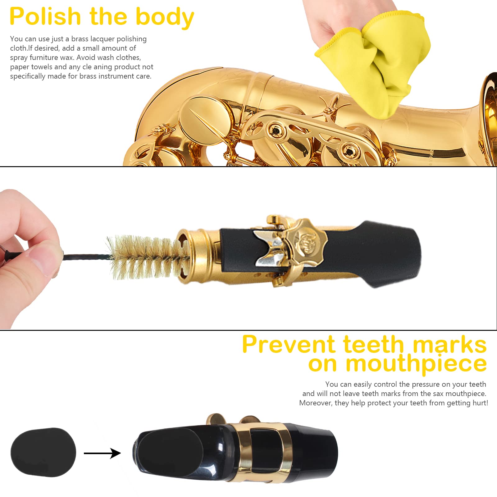 Saxophone Cleaning Kits with Case for Sax and Clarinet Flute Trumpet Instruments,8PCS Saxophone Mouthpiece Cushion,Mouthpiece Brush Microfiber Cleaning Cloth(Yellow)