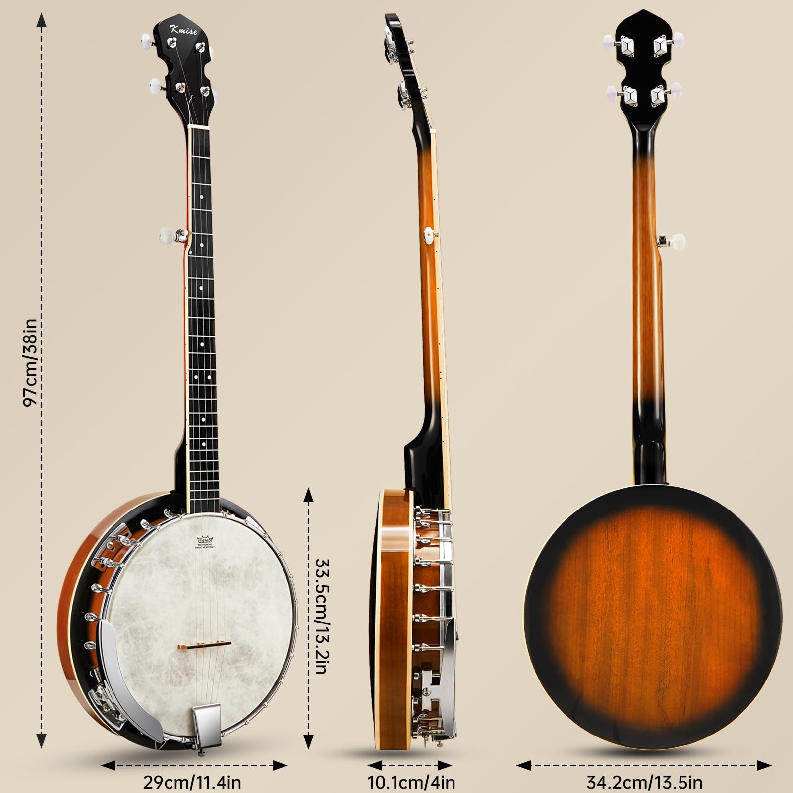 Banjo, Kmise 5 String Beginner Banjo 38 inch Full Size with Remo Head Closed Back with Removable Resonator, Tuner, Strings, Finger Picks, Strap, Bag, Accessories Set Gift Choice for Adults Beginner