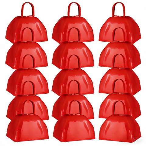 YUMYWBL 15 Pack Metal Cowbells 3 Inch Red Cow Bell with Handles, Small Hand Percussion Cowbell, Bulk Loud Cow Bells Noise Makers for Cheering, Sporting Events, Weddings, Concert, Farm