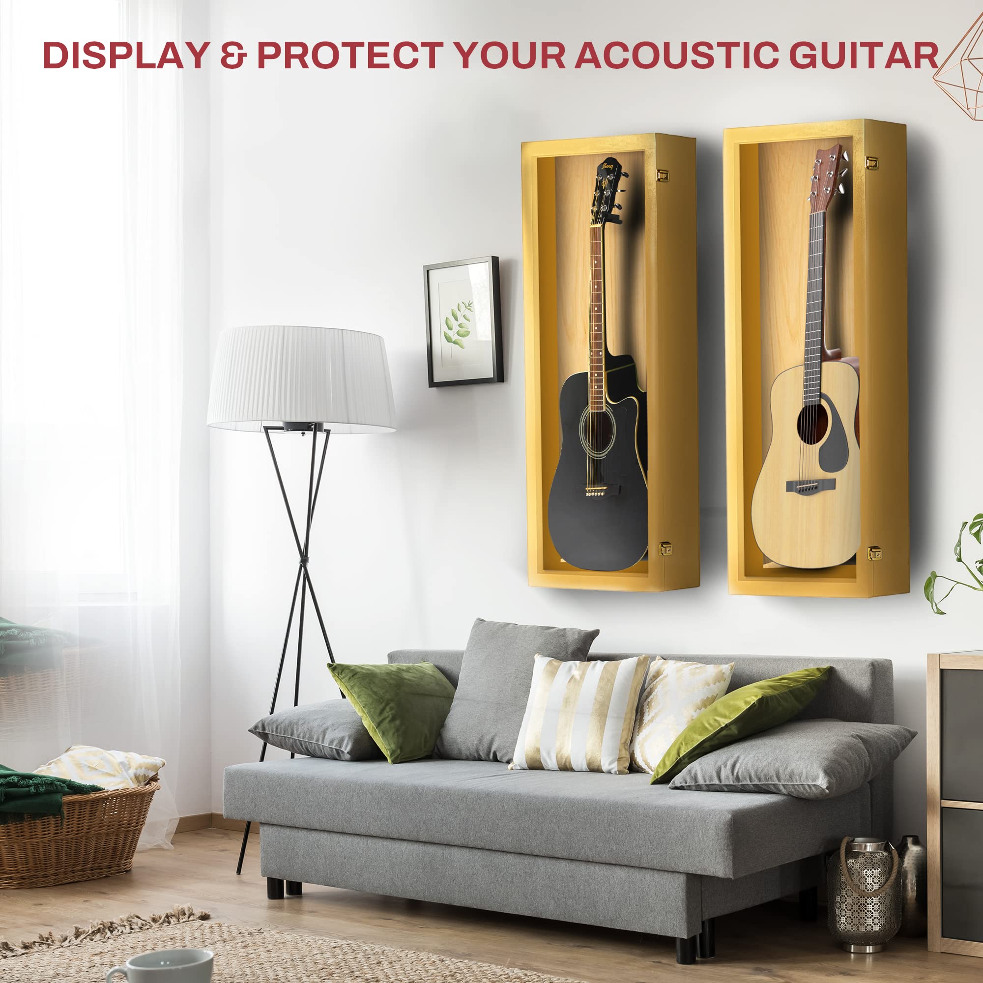 PENNZONI Acoustic Guitar Display Case – Acrylic Acoustic Guitar Case – Guitar Display Case Wall Mount Made from Hardwood Frame & Clear Acrylic – Golden Oak w/No Felt