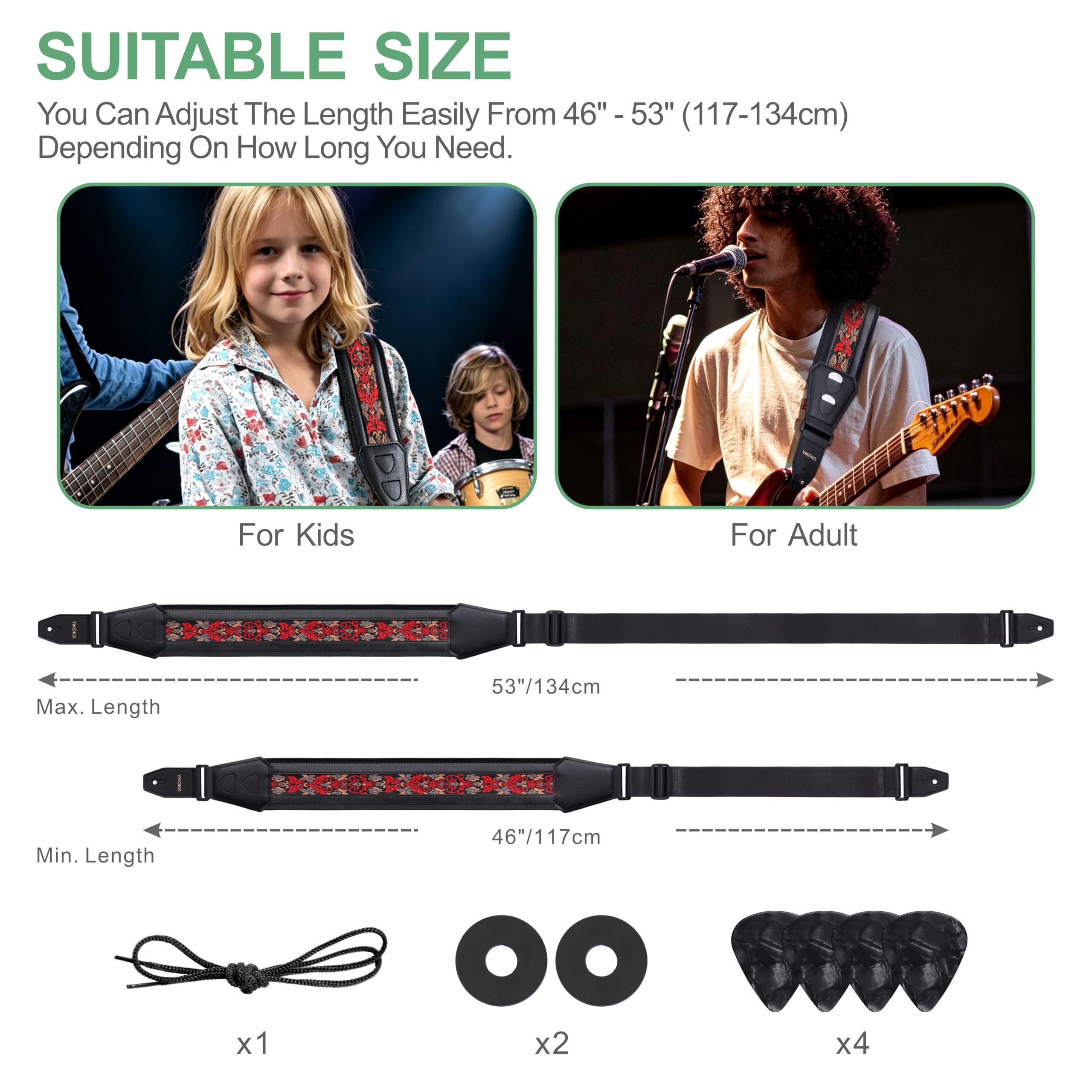 YIKOKO Bass Guitar Straps for Electric Guitar & Bass 3.6″ Wide Padded Straps, Cotton Embroidered, Adjustable Length, with 3D Sponge Filled Foam Pad, with 4 Picks and 2 Strap Locks