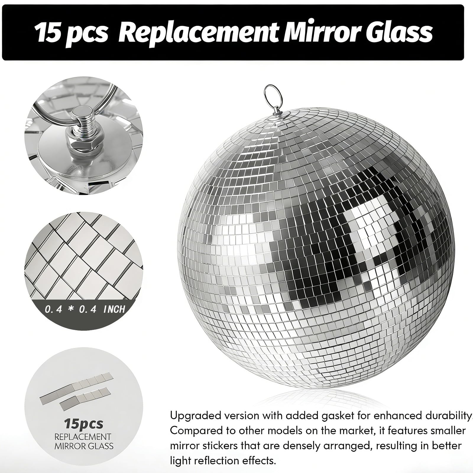 EELLAO 16inch Disco Ball Mirror Balls Large Hanging Disco Balls for Party Decorations, Weddings, Events, (16inch Disco Ball x 1pc, Replacement Mirror x 15pcs)