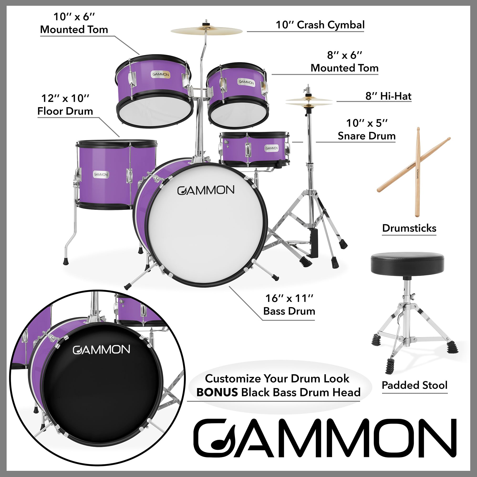 Gammon Percussion 5-Piece Kids Drum Set, Complete Junior Drum Kit with Cymbals, Hardware, Sticks, & Throne – Purple