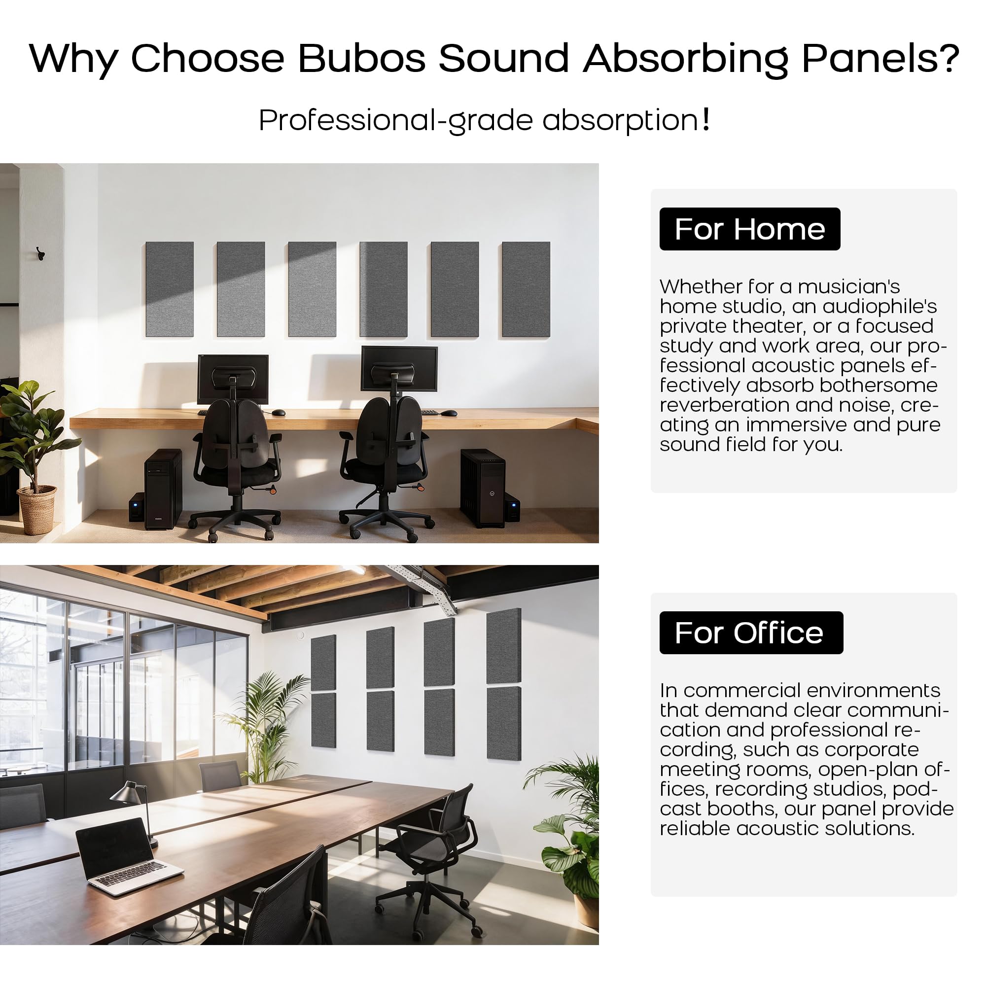 BUBOS 4-Pack Fabric Acoustic Panels 23.6×11.8×1″, Self-Adhesive Sound Panel