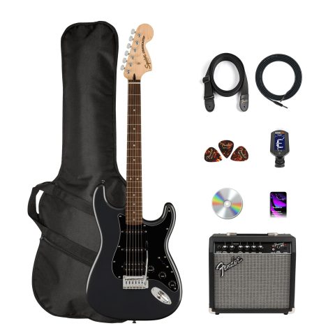 Fender Squier Affinity Stratocaster HSS Pack – Charcoal Frost Metallic Bundle with Frontman 10G Amplifier, Cable, Gig Bag, Tuner, Strap, Picks, and Austin Bazaar Instructional DVD