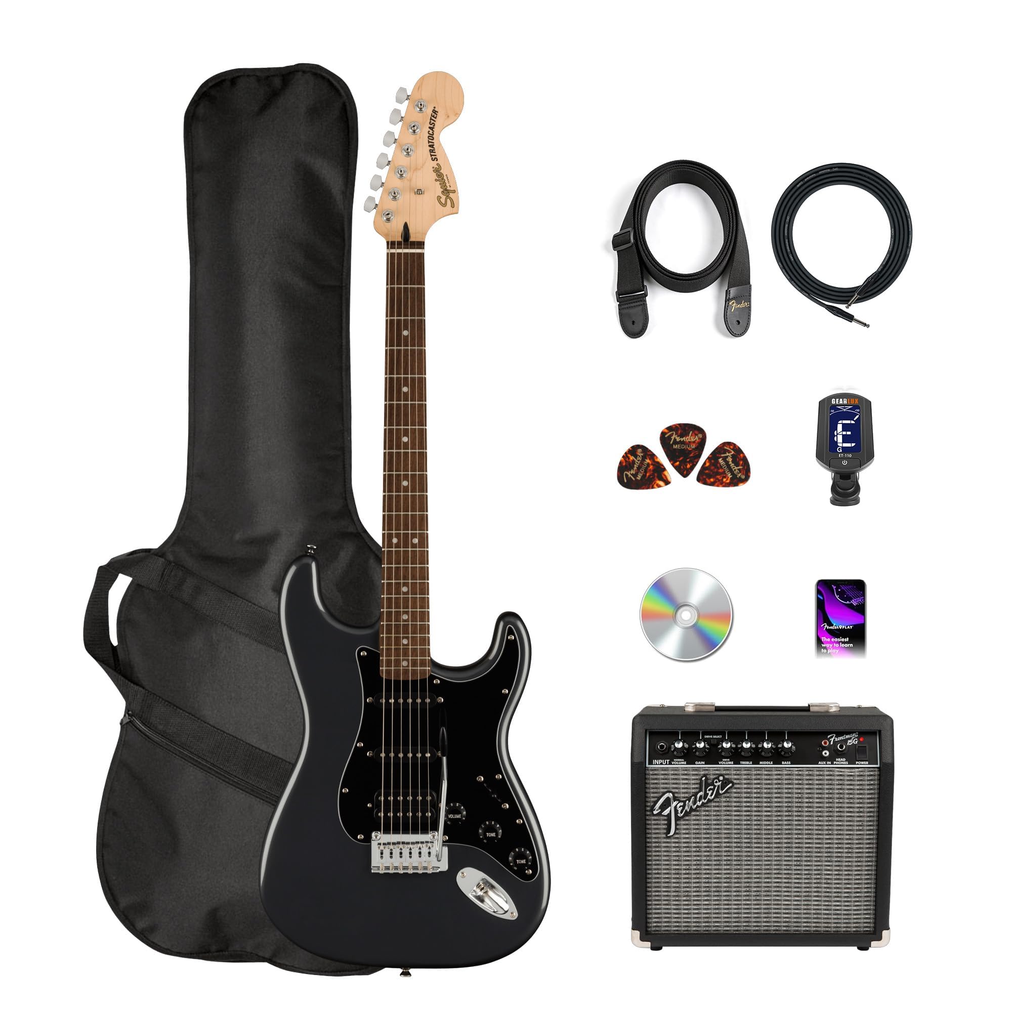 Fender Squier Affinity Stratocaster HSS Pack – Charcoal Frost Metallic Bundle with Frontman 10G Amplifier, Cable, Gig Bag, Tuner, Strap, Picks, and Austin Bazaar Instructional DVD