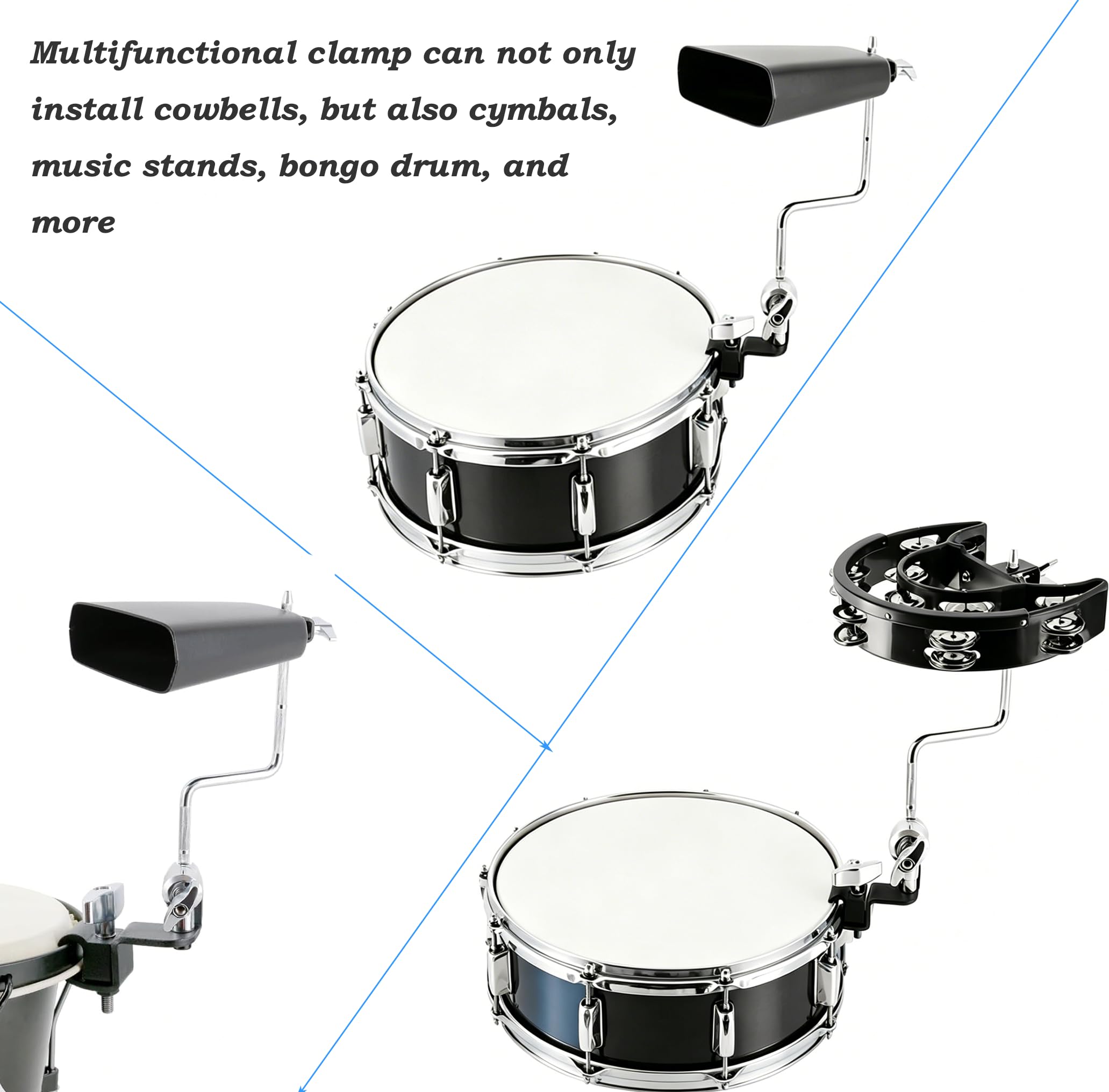 Snare Drum Clamp,Snare Drum Cowbell Clamp With Z Shape Percussion Mount Rod, Cowbell Mount Bracket Mounting Bracket for Cowbells, Cowbell For Drum Set, Snare Drum Accessories