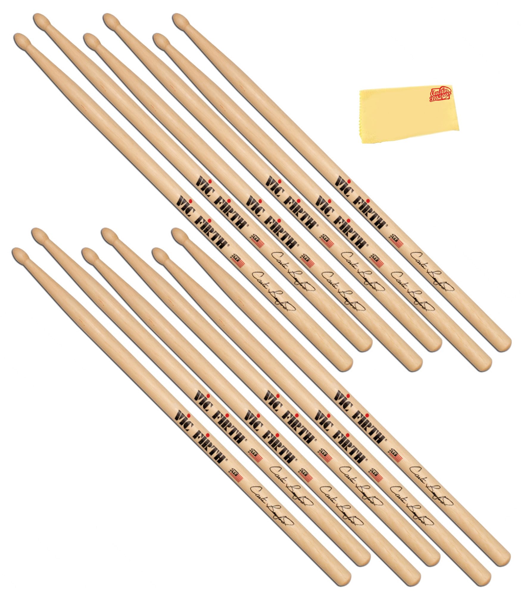 Vic Firth Signature Series Carter Beauford Drumsticks – 6‑Pack Bundle with Austin Bazaar Polishing Cloth