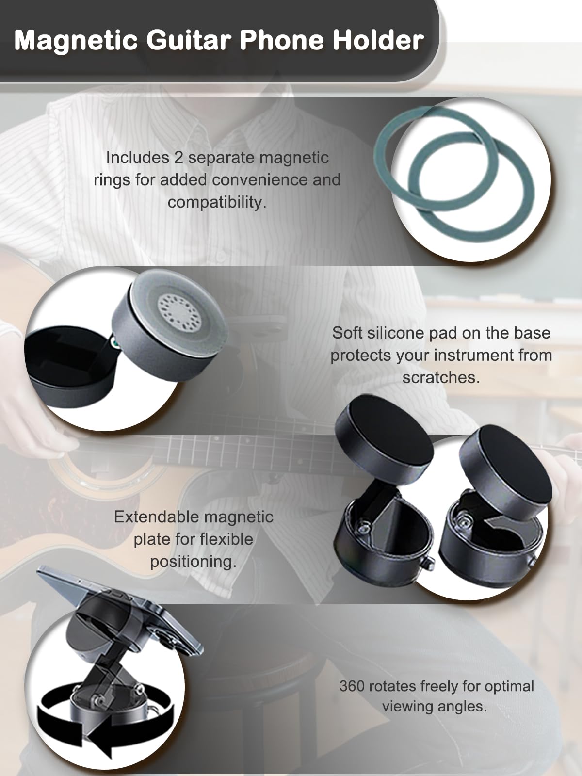 Rubierine Guitar Phone Holder for iPhone/Android, Vacuum Suction Magnetic Phone Mount with 17 N52 Magnets, 360° Rotating Palm-Size Holder for Acoustic and Electric Guitar, Bass and Ukulele