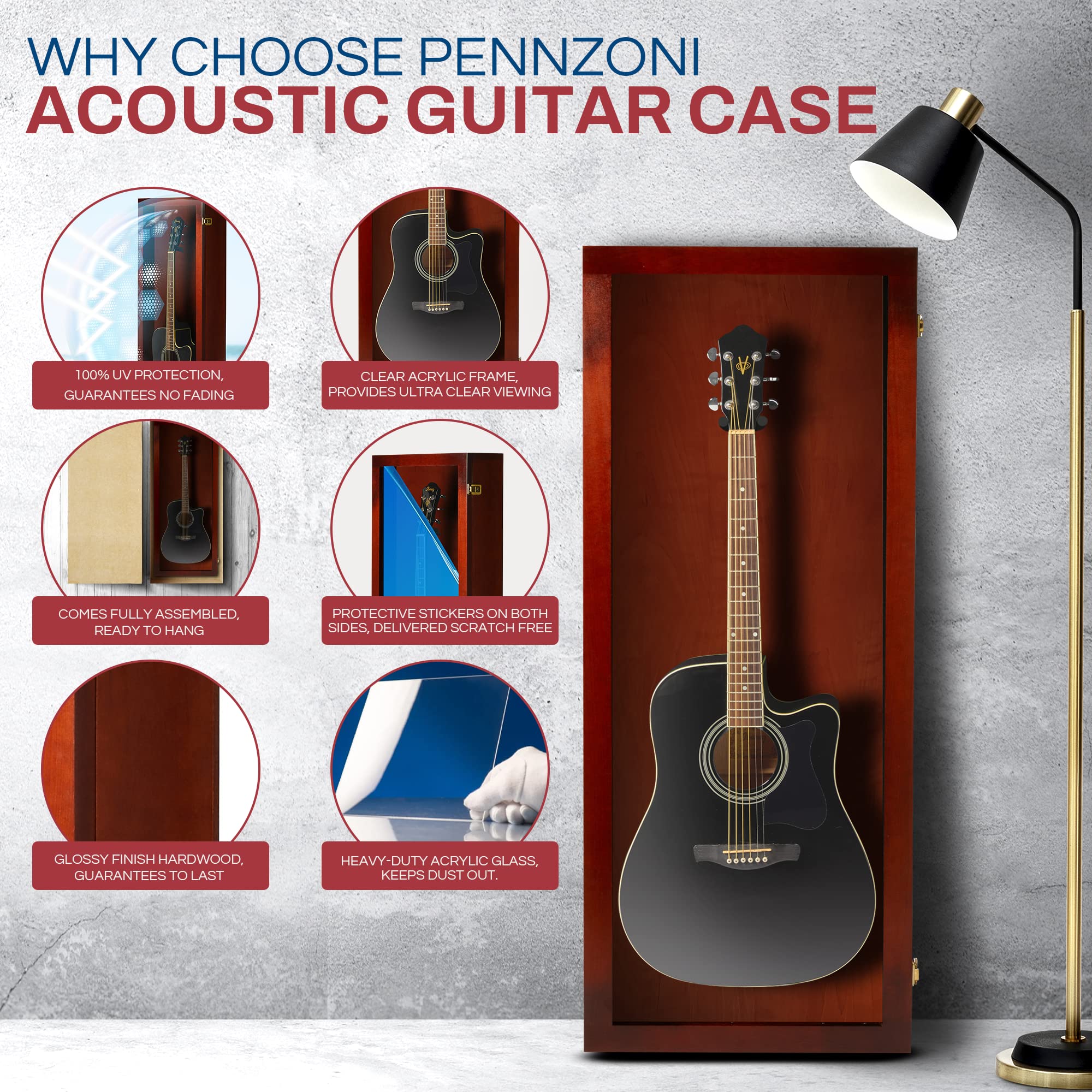 PENNZONI Acoustic Guitar Display Case – Acrylic Acoustic Guitar Case – Guitar Display Case Wall Mount Made from Hardwood Frame & Clear Acrylic – Cherry w/No Felt